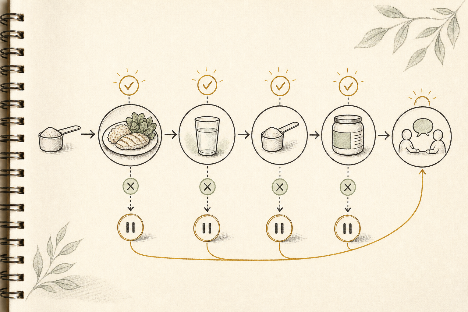 Hand-drawn visual decision path for checking meal timing, water, serving size, labels, and when to seek advice