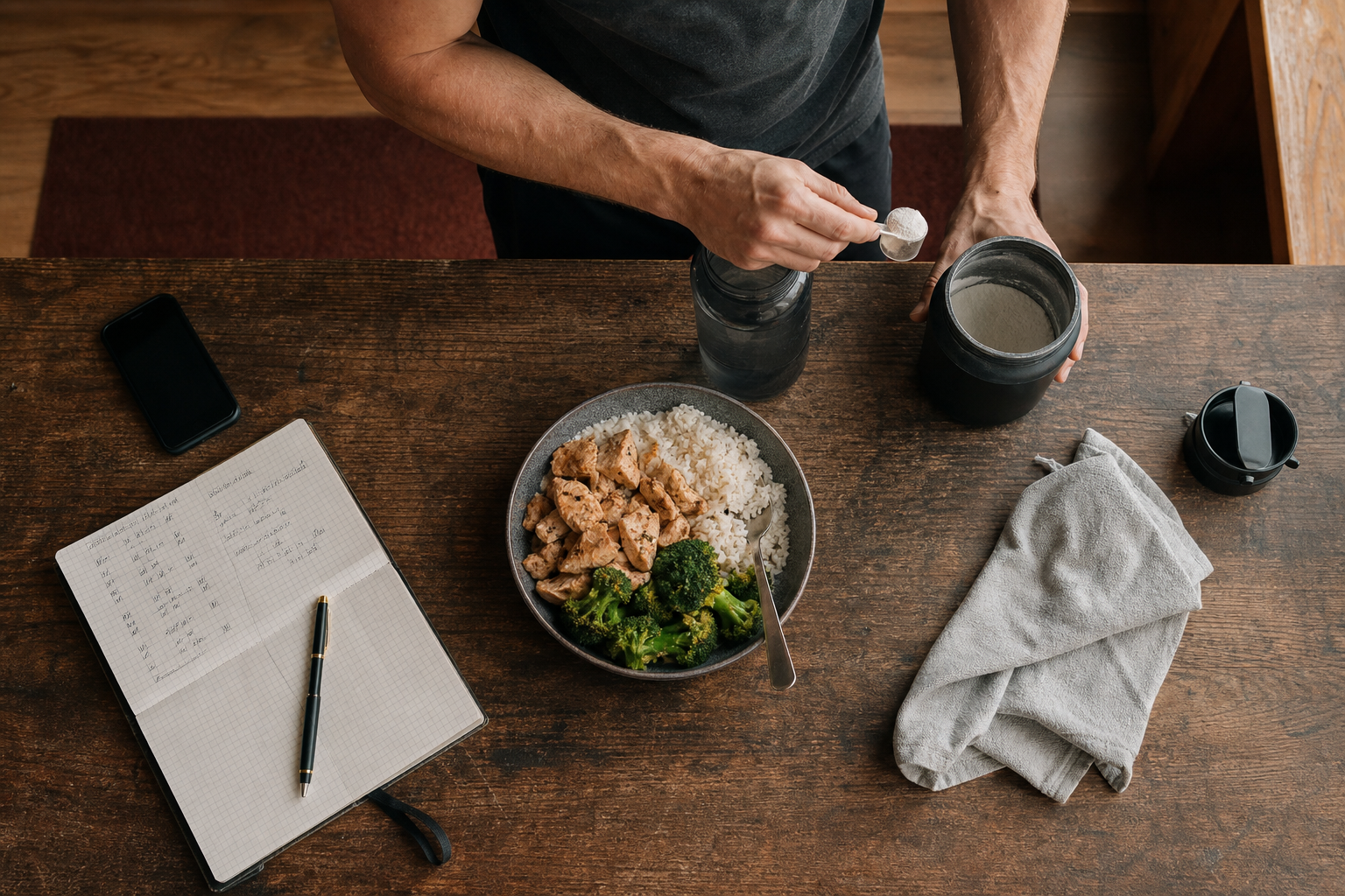 Top-down view of a simple post-workout meal, water, unbranded supplement container, and training log