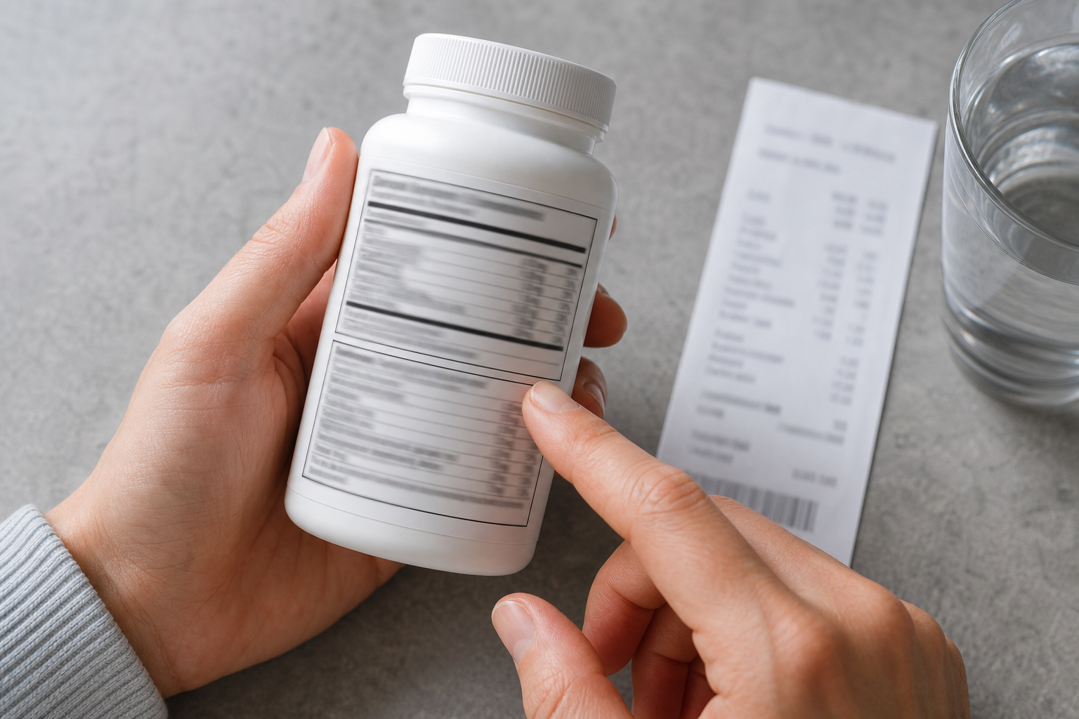 Hands examining an unbranded supplement facts panel beside water to review serving and other ingredients