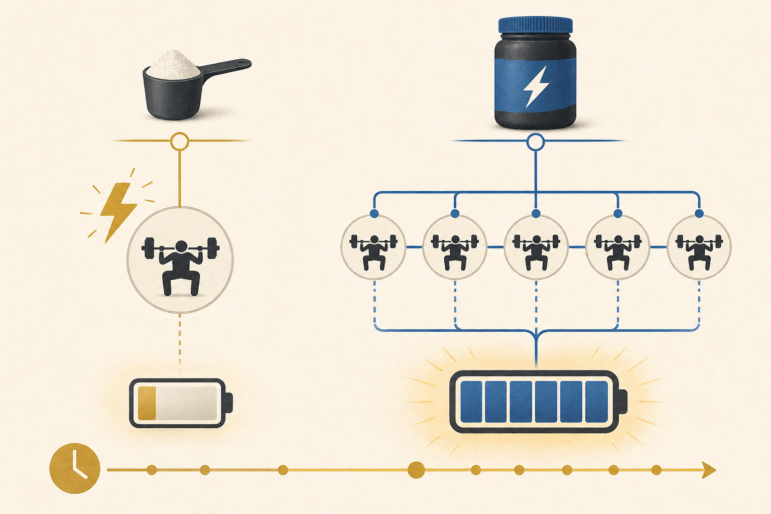 Text-free timeline illustration contrasting a single workout effect with a repeated training routine