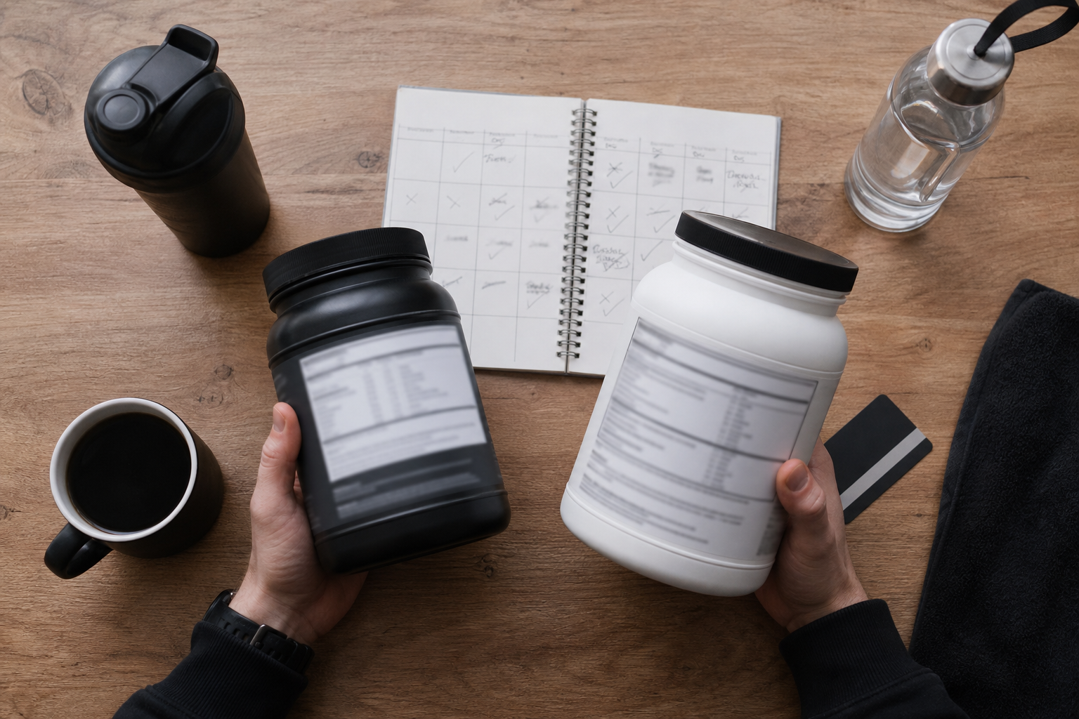 Hands comparing two unbranded supplement labels beside coffee, water, and a weekly training calendar