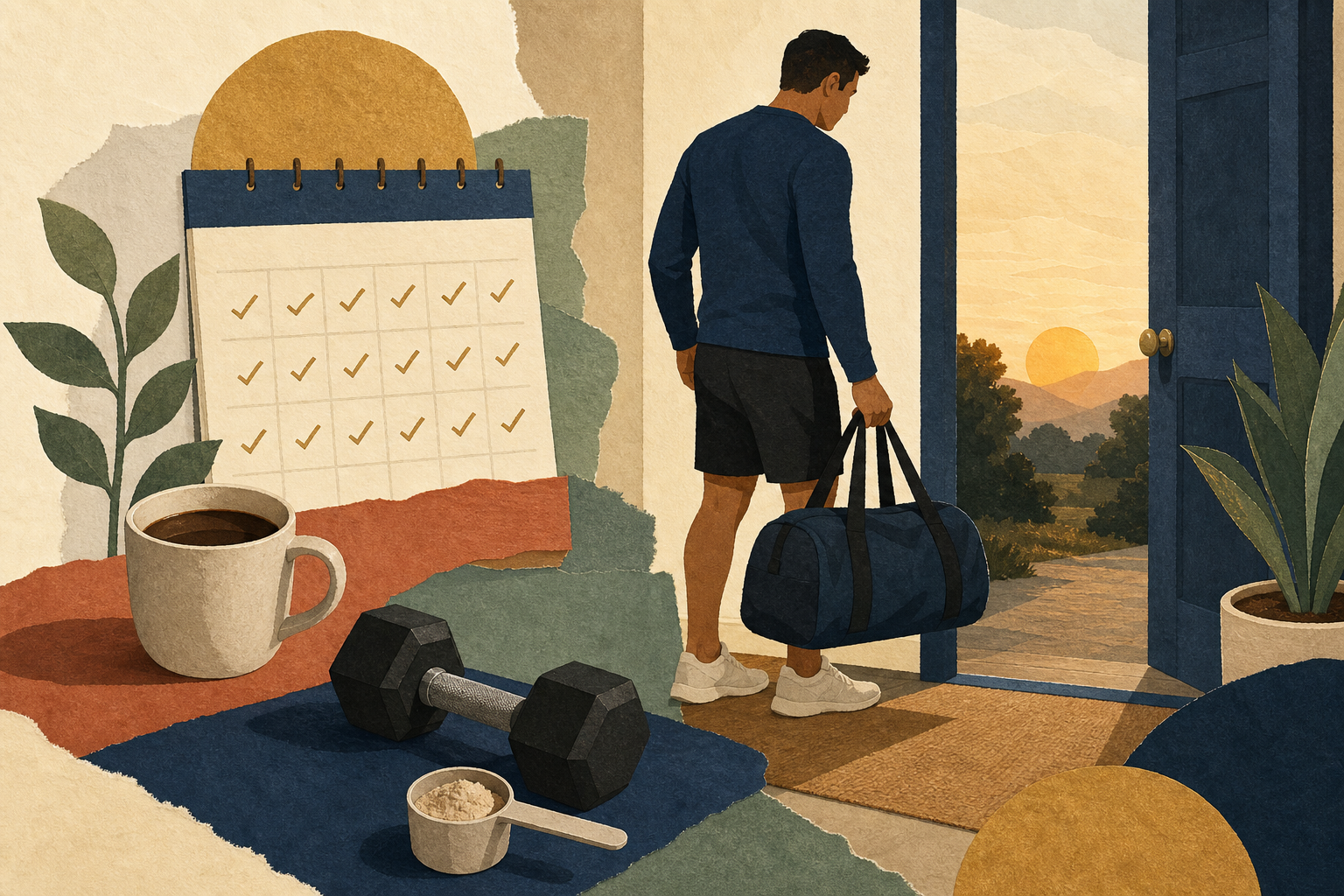 Editorial cut-paper collage of a lifter leaving for an early workout with a calendar, coffee, dumbbell, and scoop