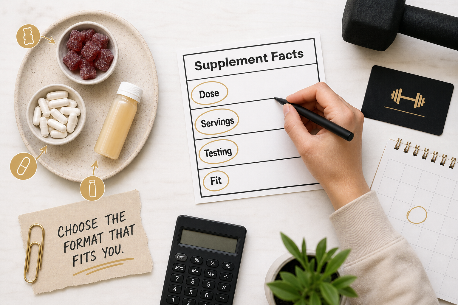 Overhead desk scene checking dose servings testing and routine fit on an easy creatine supplement label
