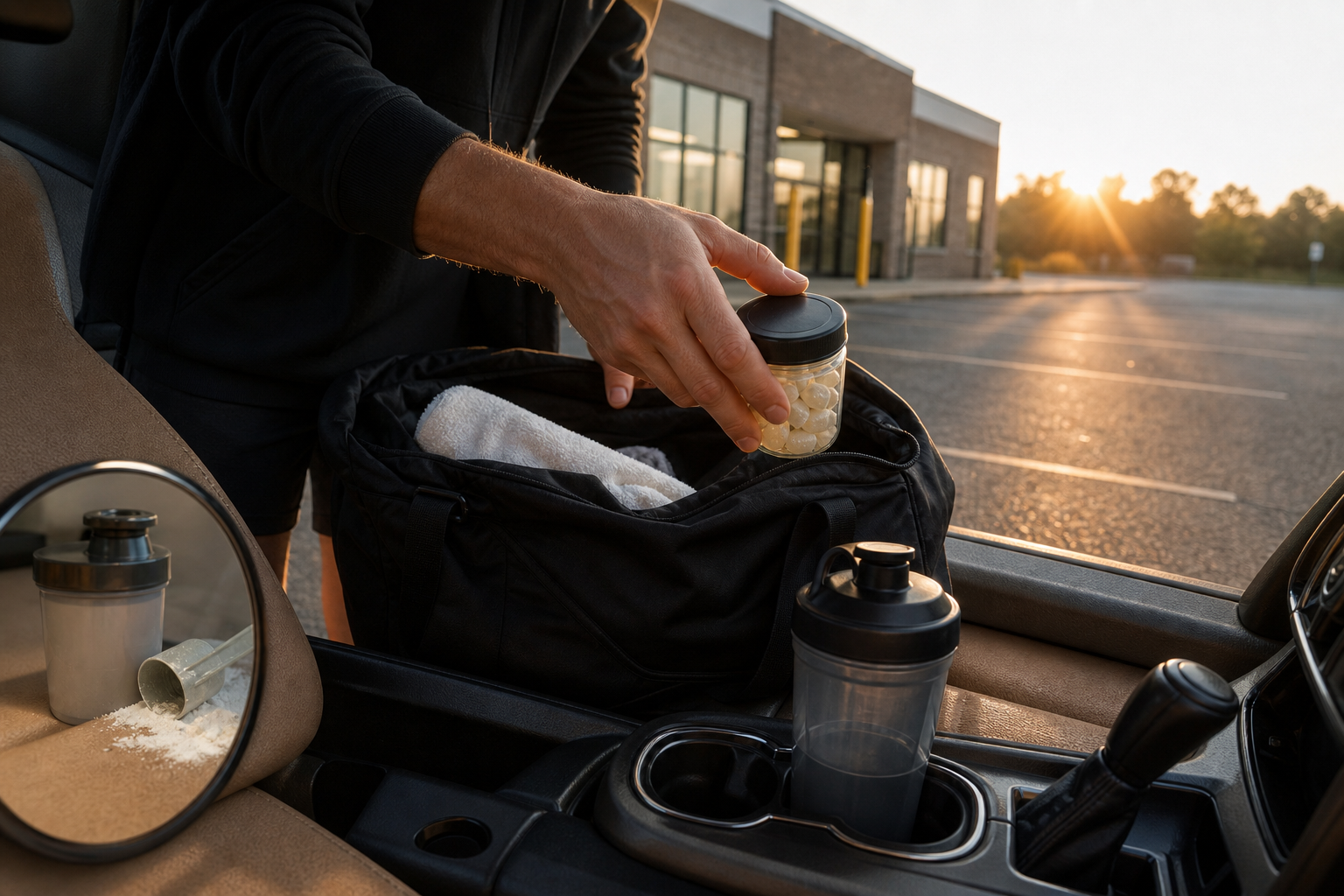 Morning gym parking lot routine with an easy no-mix creatine format in a gym bag