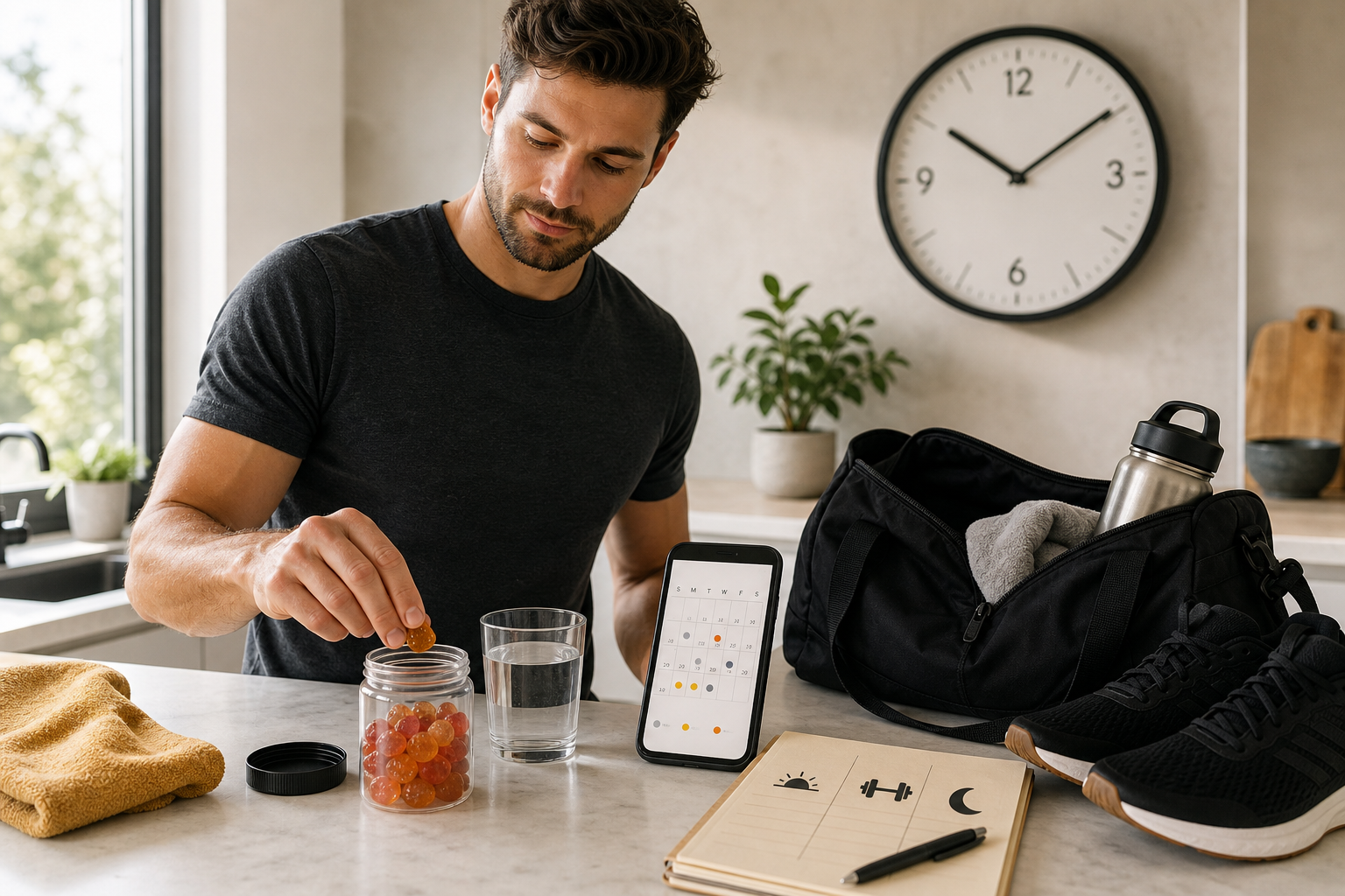 Morning kitchen routine with creatine gummies, a clock, water glass, calendar, and workout shoes