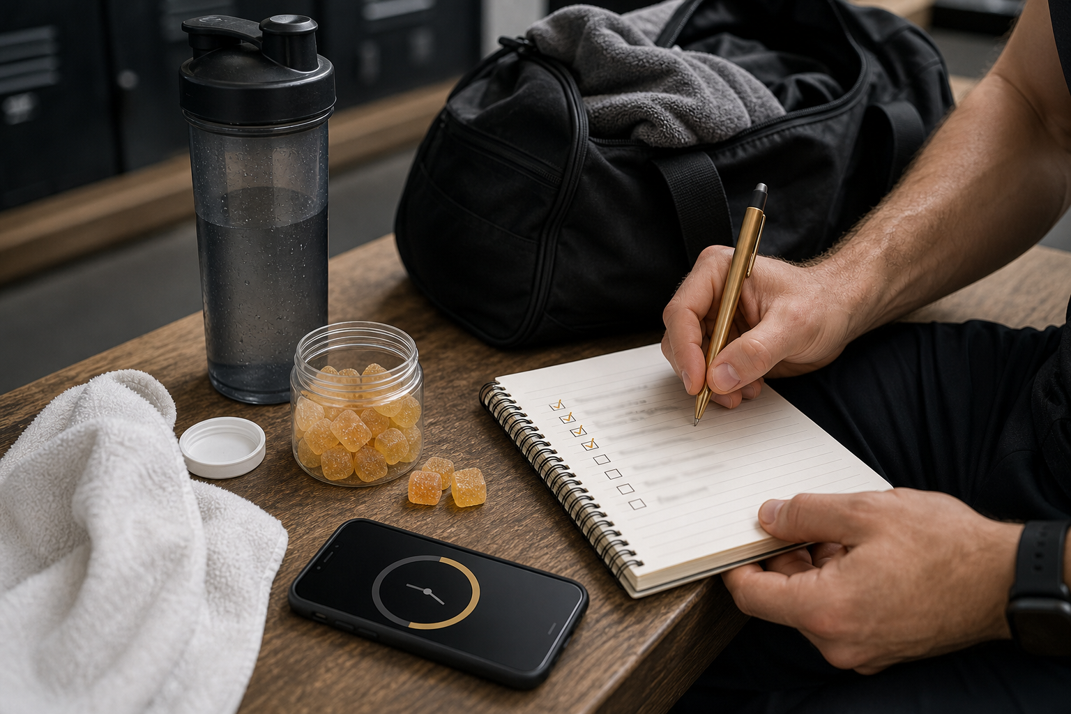 Post-workout bench routine with creatine gummies, water, towel, and training log