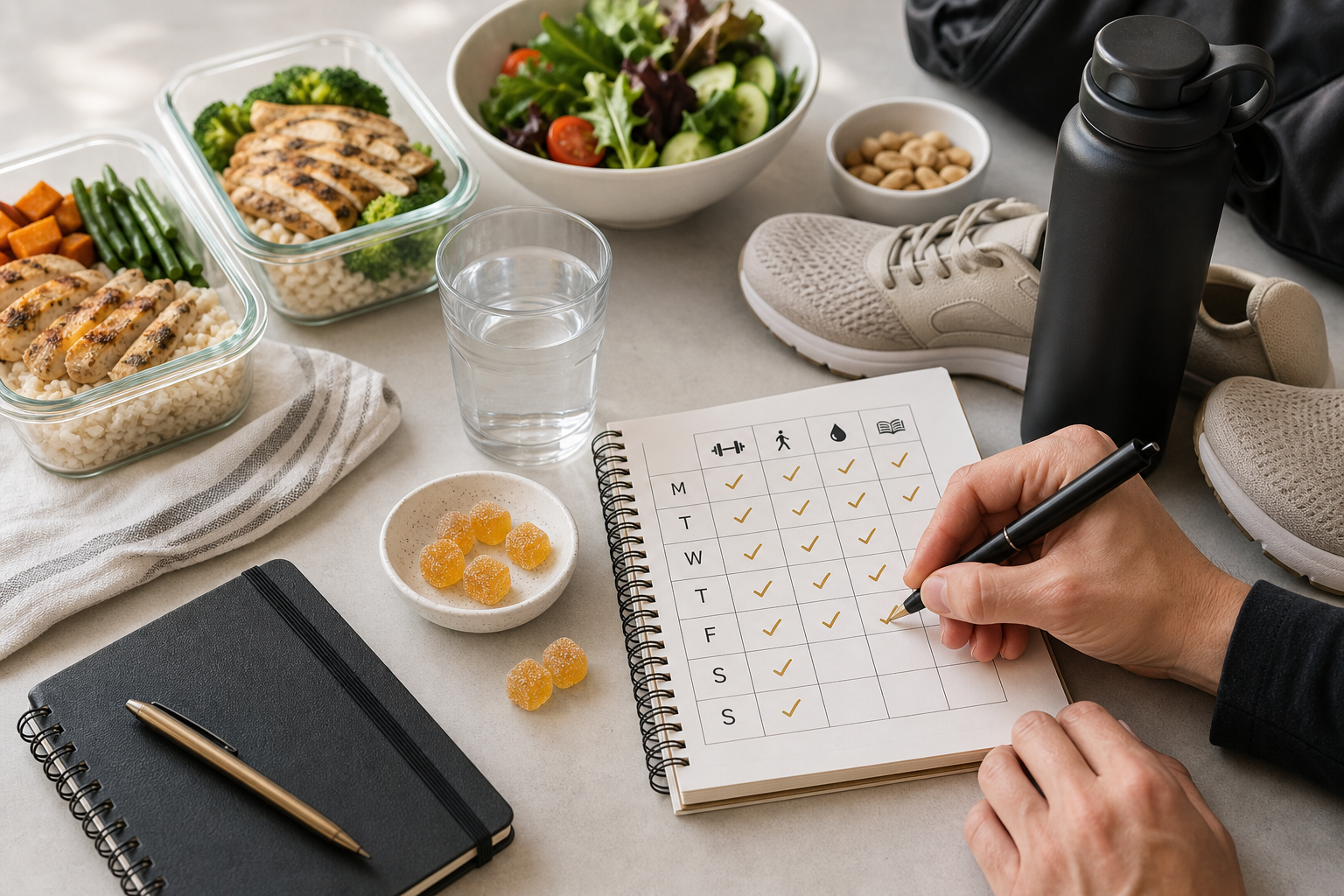 Rest-day meal prep table with creatine gummies water and a weekly habit checklist