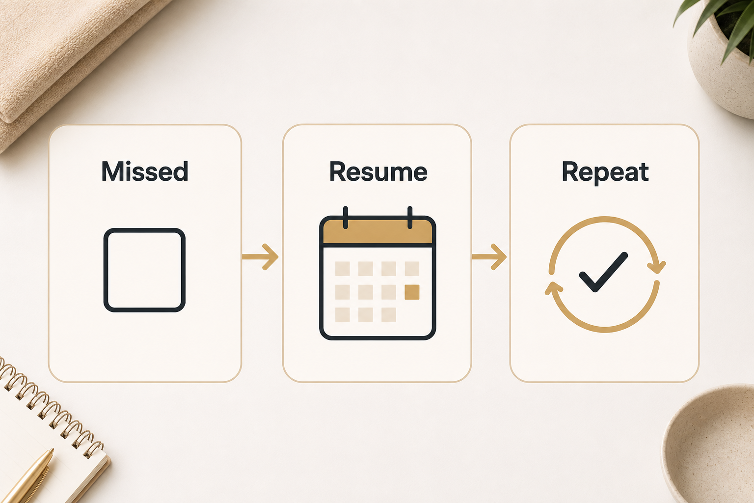 Three-step visual showing missed resume and repeat for a rest-day creatine routine