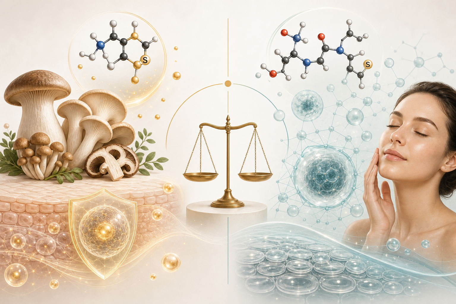 Split antioxidant comparison showing ergothioneine from mushrooms and glutathione cellular support
