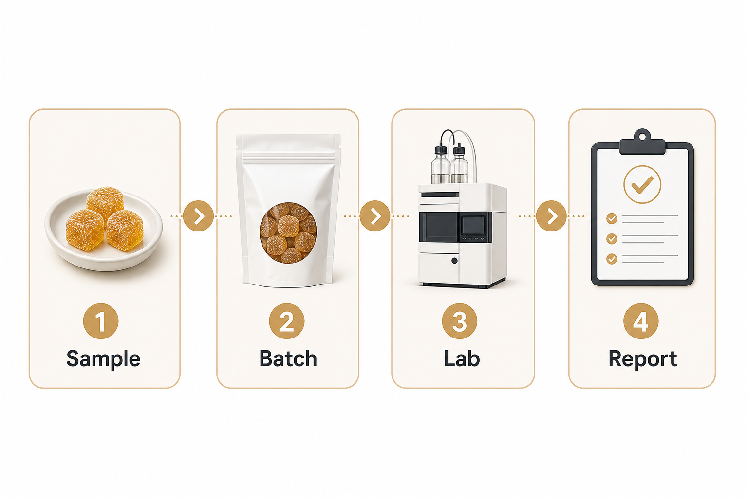 Four-step testing pathway for creatine gummies from sample to batch lab and report