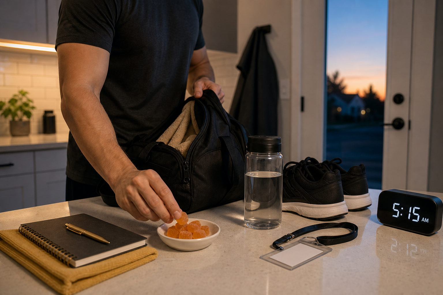 Early morning kitchen and gym bag routine with creatine gummies water bottle phone alarm and work badge