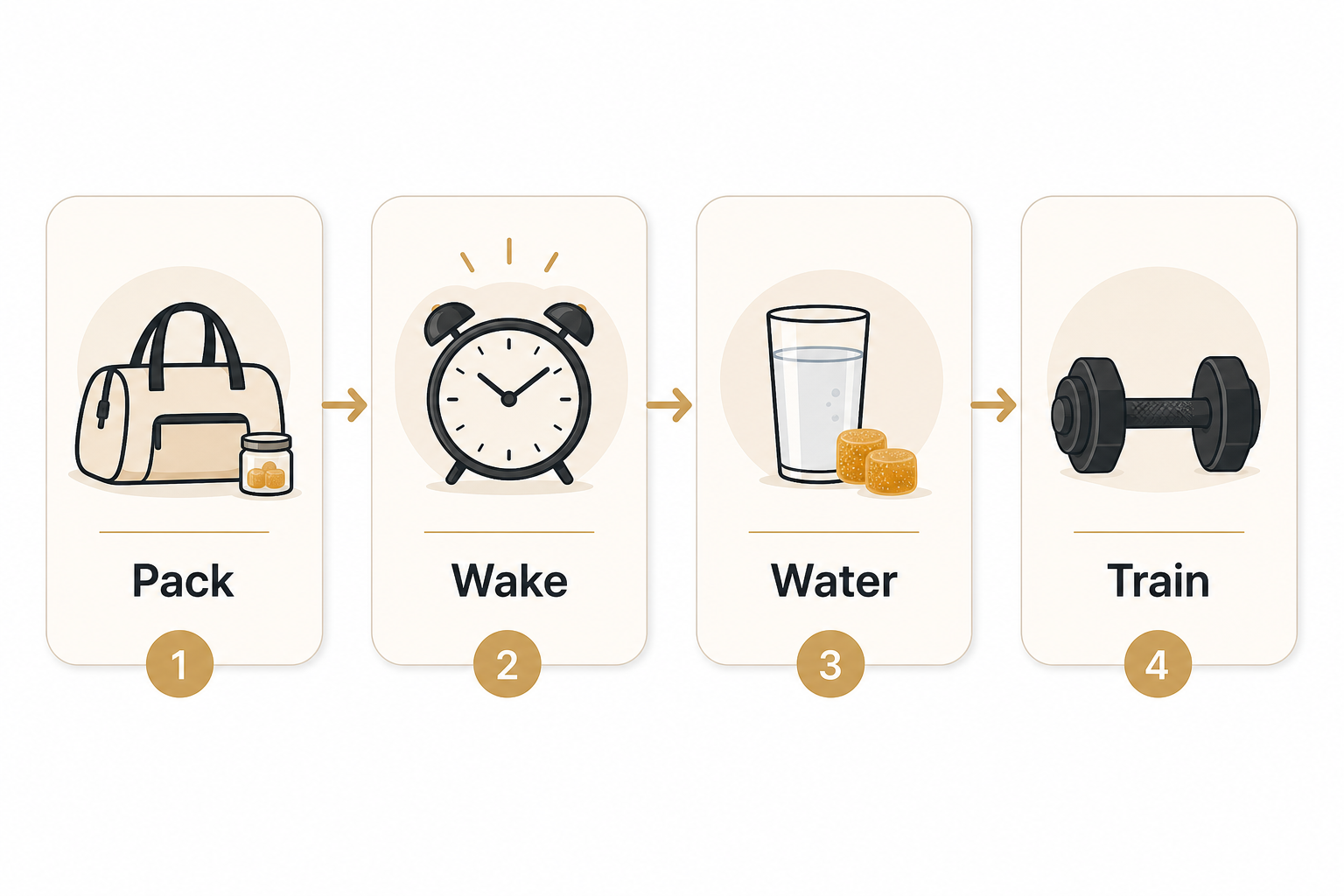 Four-step morning flow for creatine gummies showing pack wake water and train