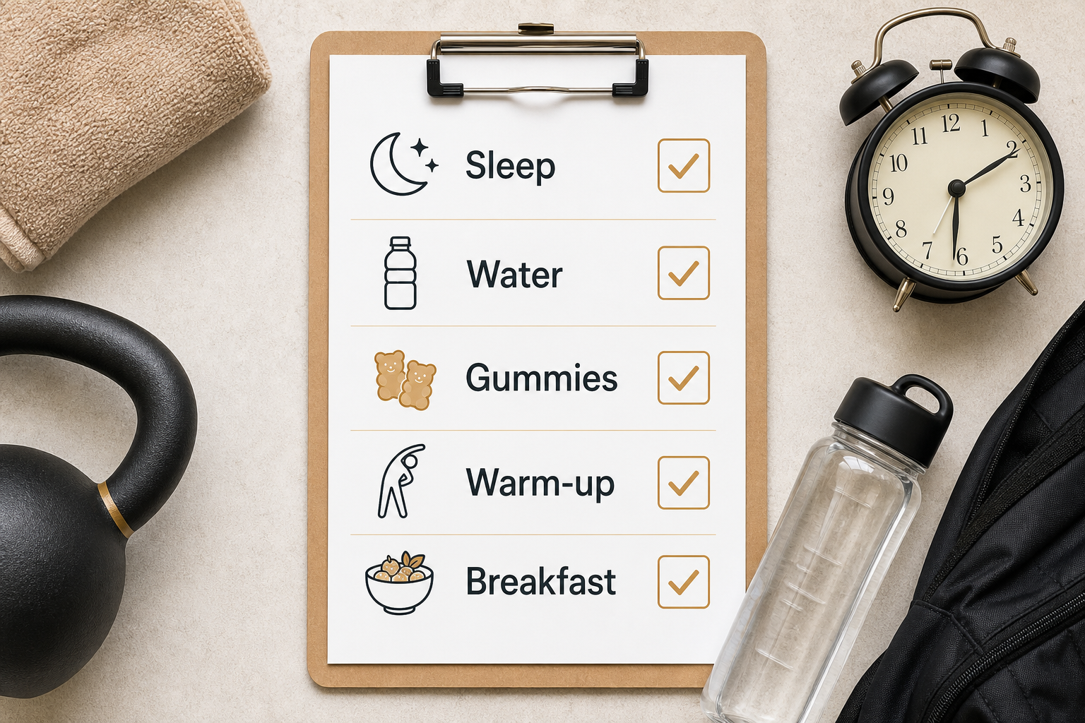 Morning workout checklist for sleep water gummies warm-up and breakfast