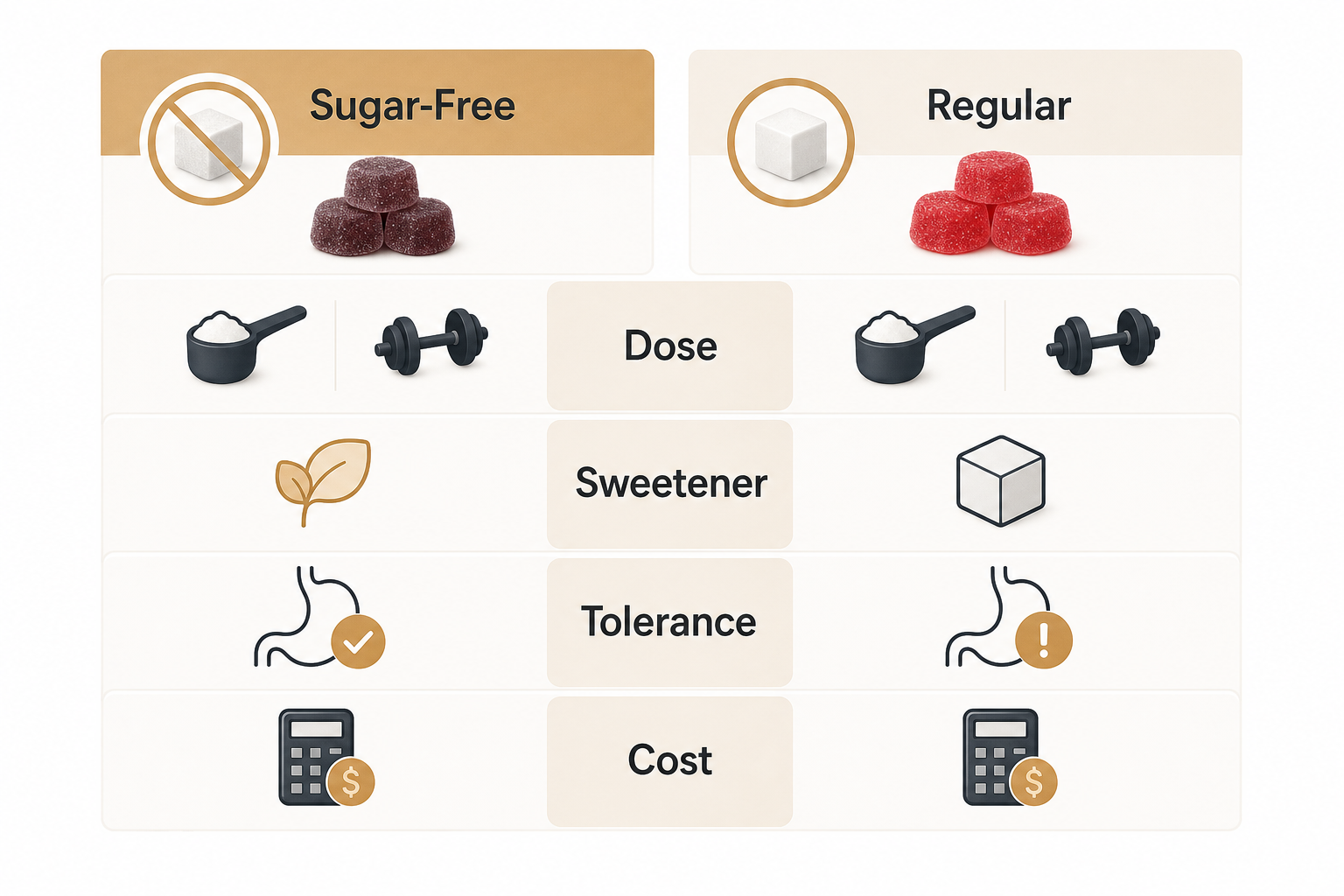 Comparison graphic for sugar-free and regular creatine gummies showing dose sweetener tolerance and cost checks