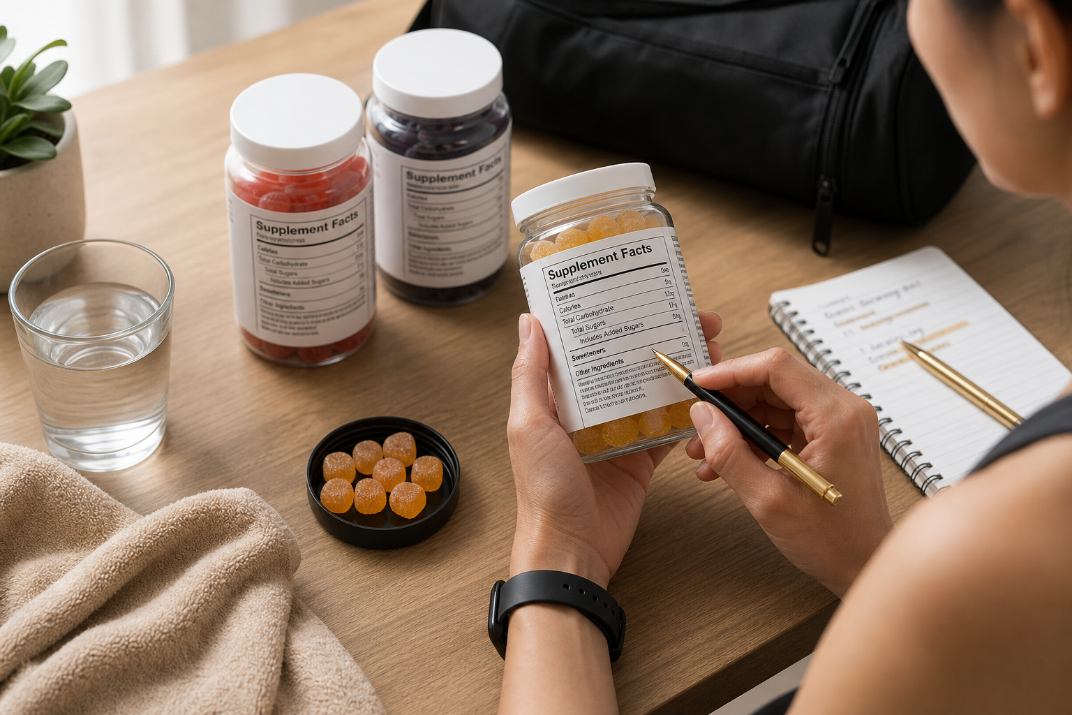 Hands comparing sugar and sweetener details on creatine gummy Supplement Facts labels