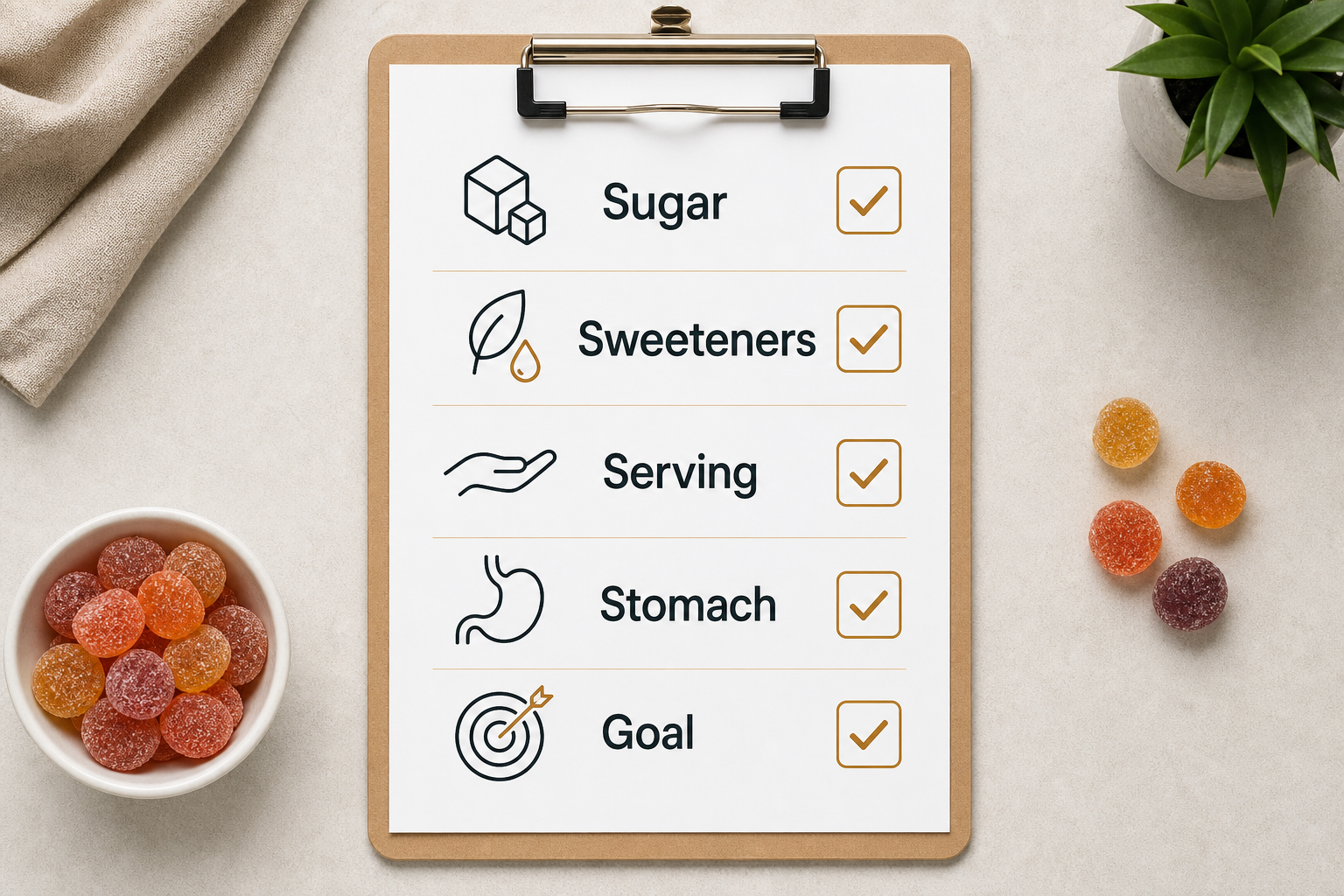 Checklist for comparing sugar sweeteners serving stomach comfort and fitness goal in creatine gummies