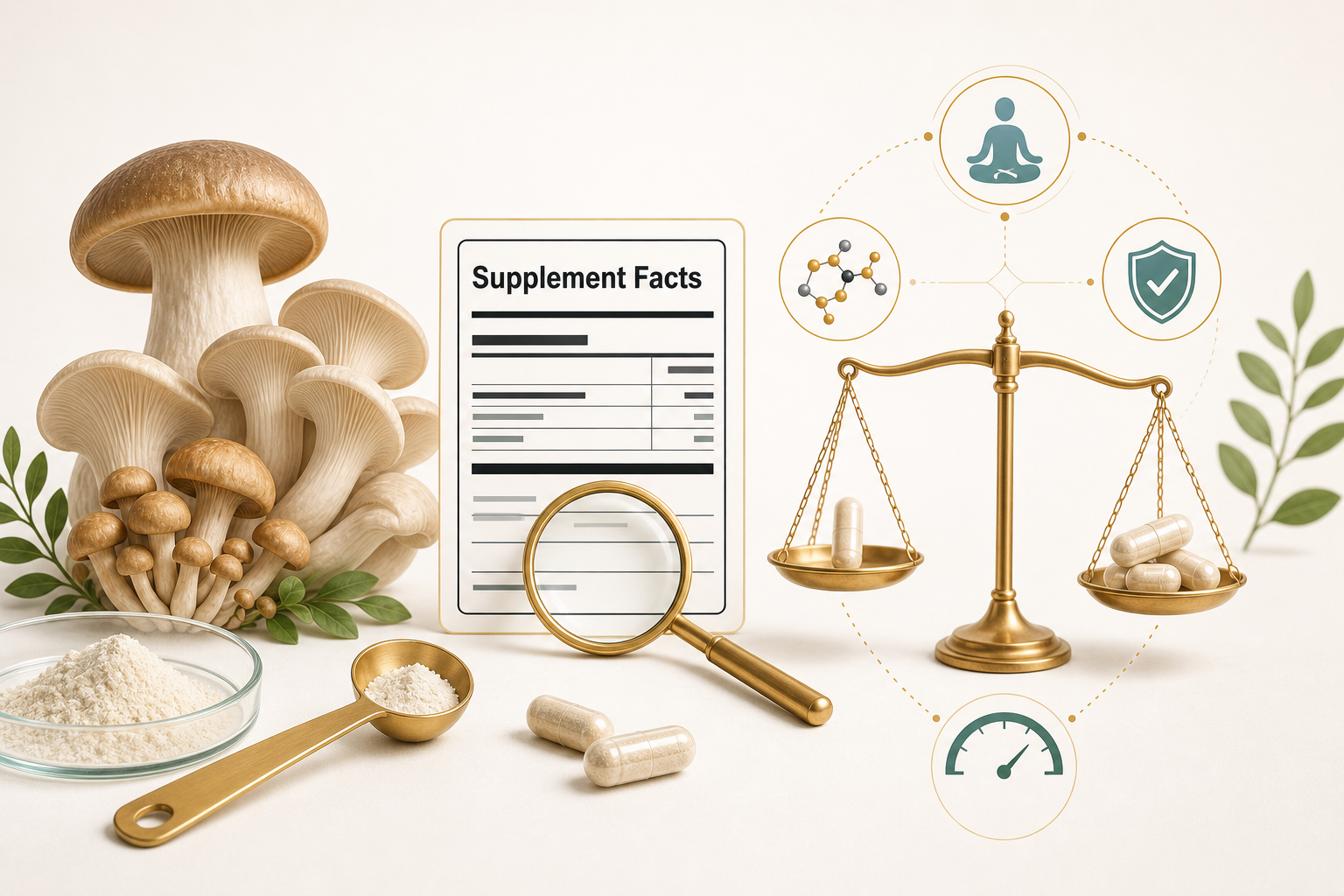 Ergothioneine dosage guide concept with supplement label, balance scale, capsules, and mushrooms