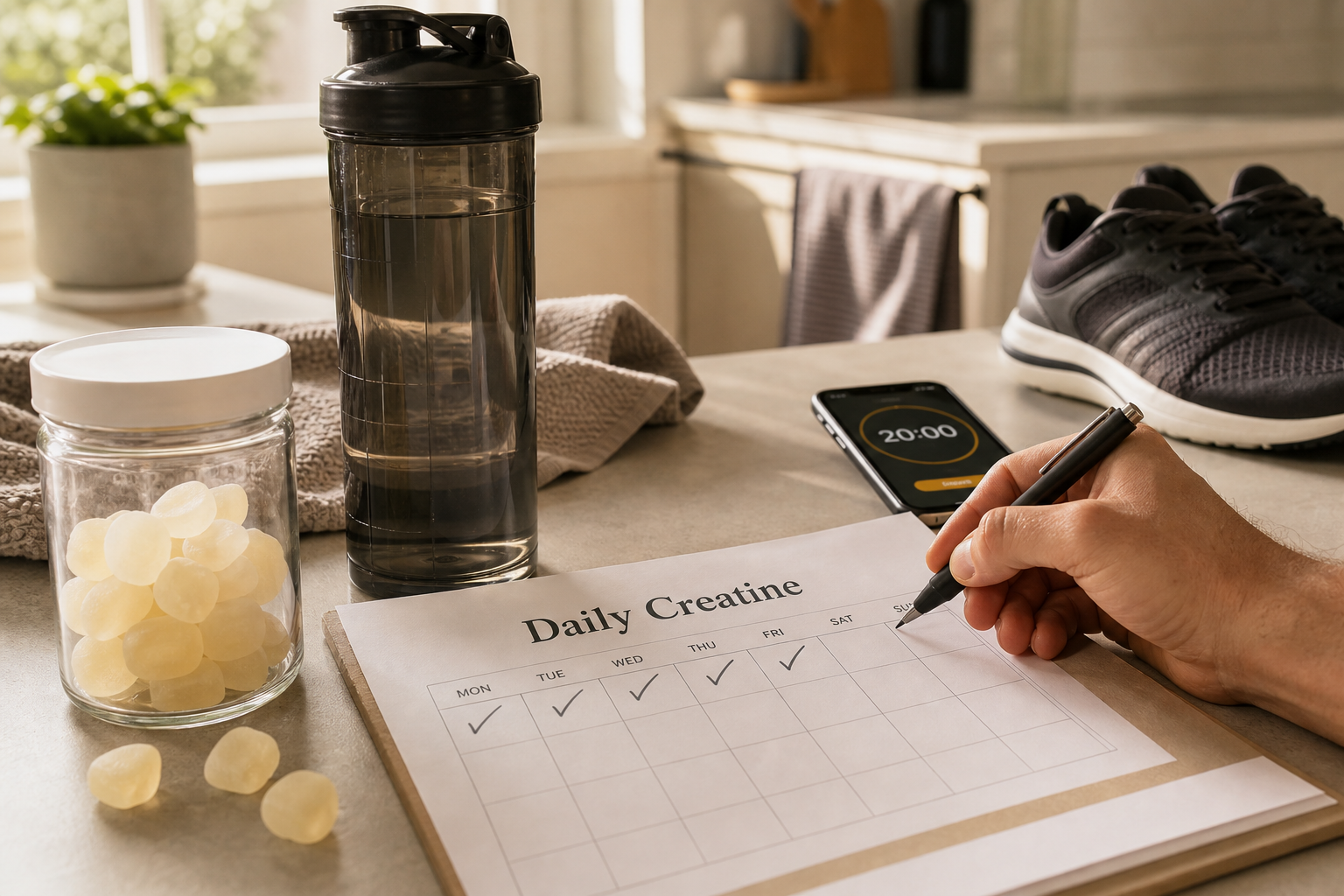 Daily creatine habit tracker with workout shoes and water bottle for a simple steady routine