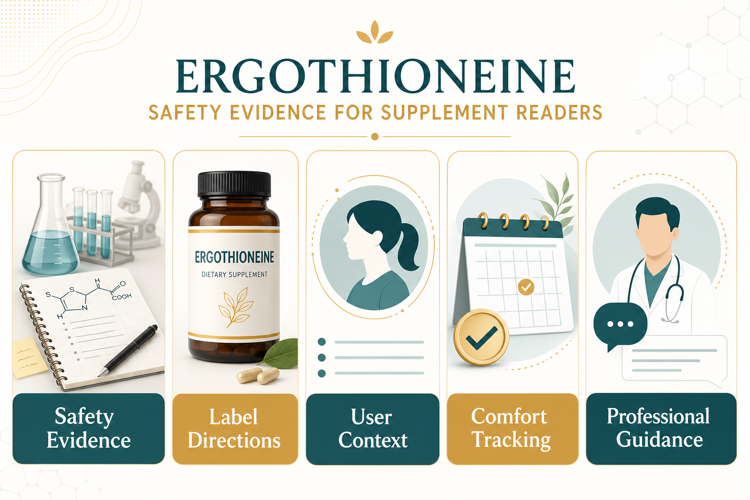 Infographic summarizing ergothioneine safety evidence, label directions, user context, comfort tracking, and professional guidance