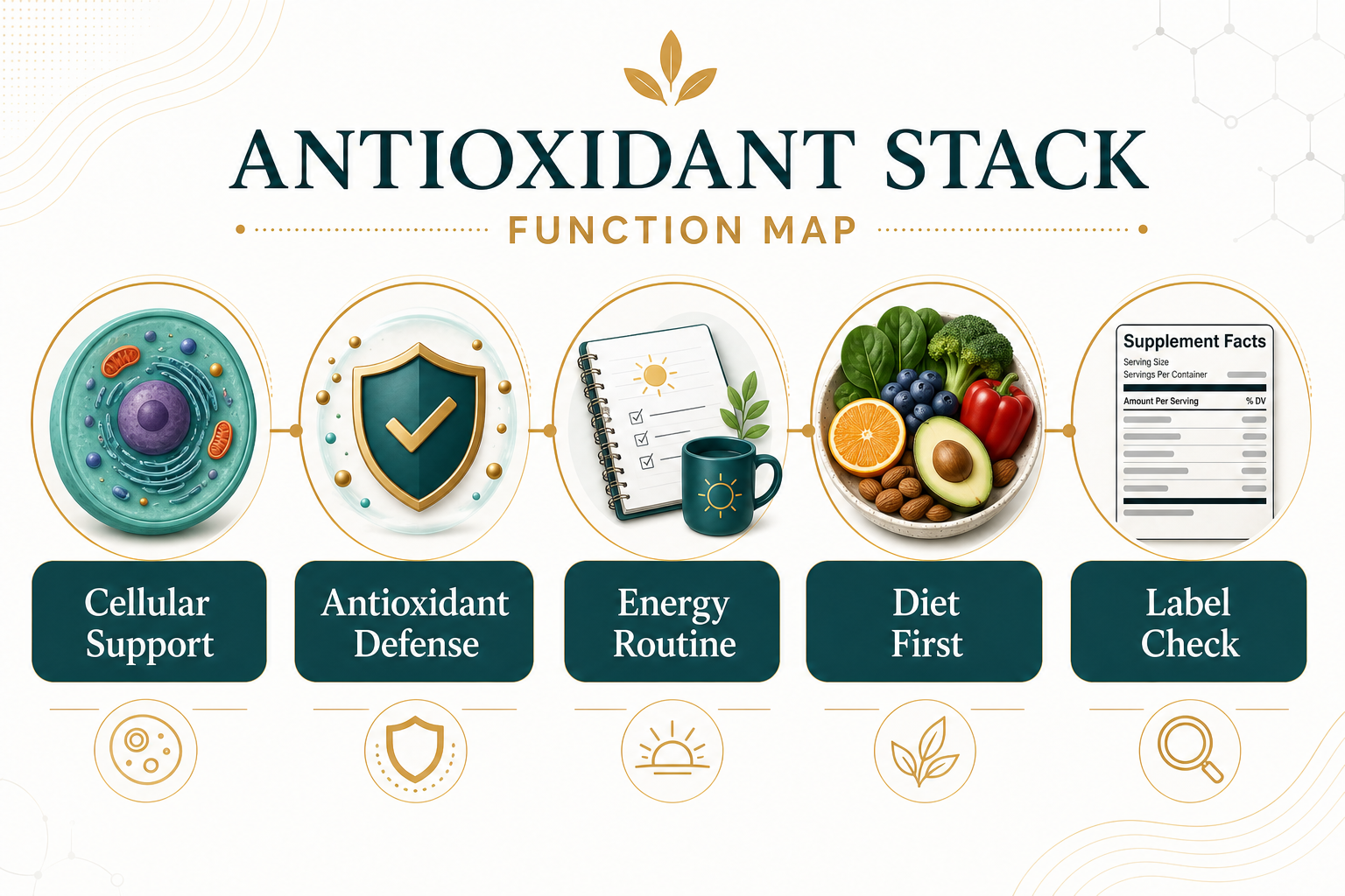 Daily antioxidant stack planning desk with overlapping ingredient map, supplement label, mushrooms, plant foods, and routine planner