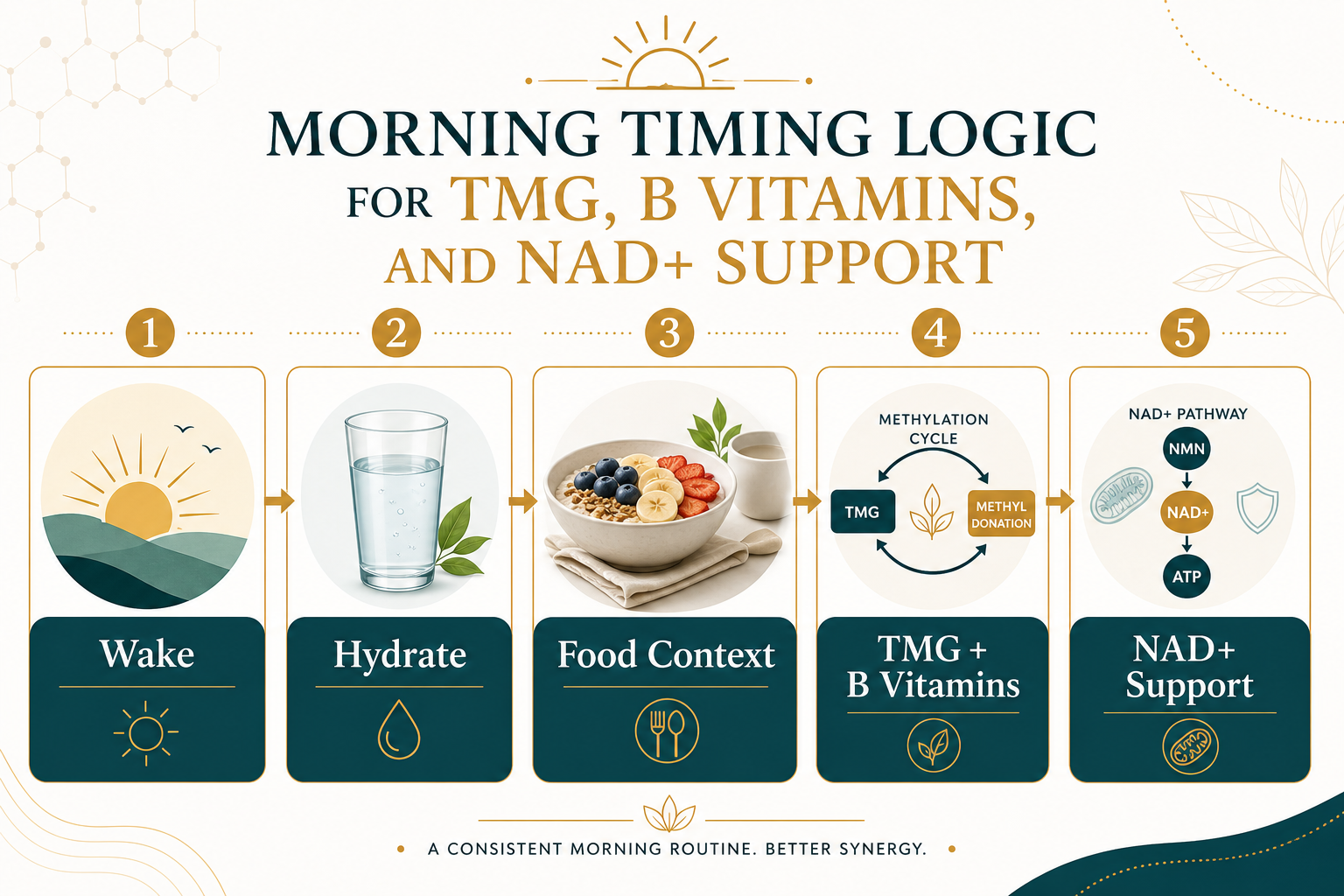 Morning timing logic infographic for wake, hydrate, food context, TMG plus B vitamins, and NAD plus support