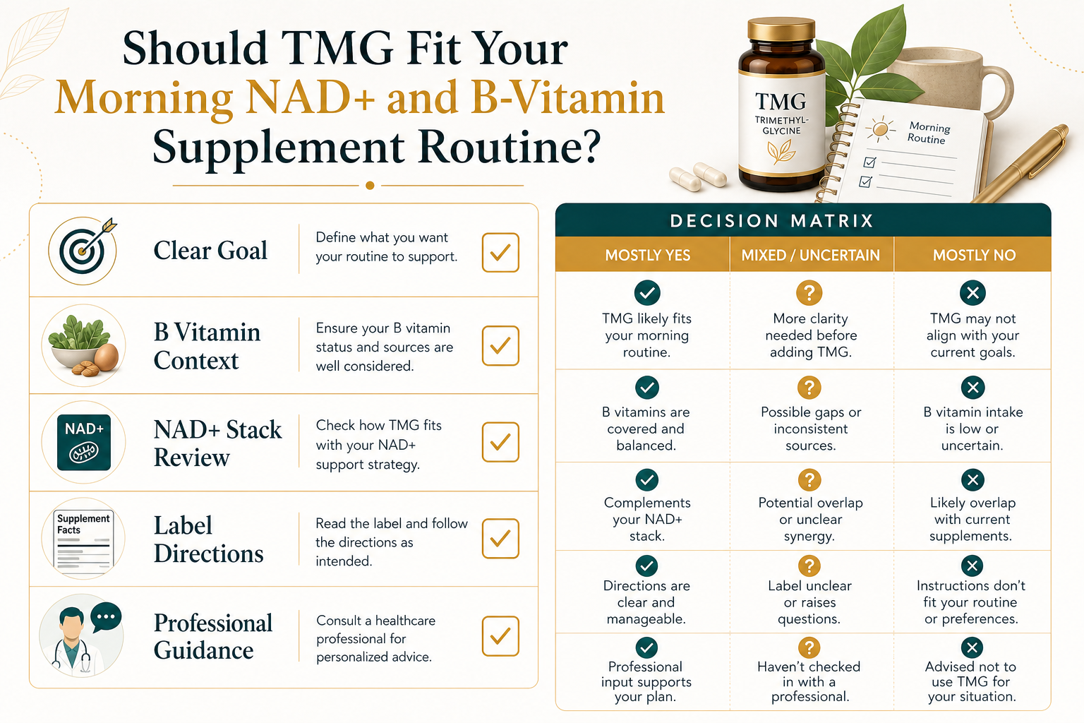 Decision checklist for whether TMG fits a morning NAD plus and B vitamin supplement routine