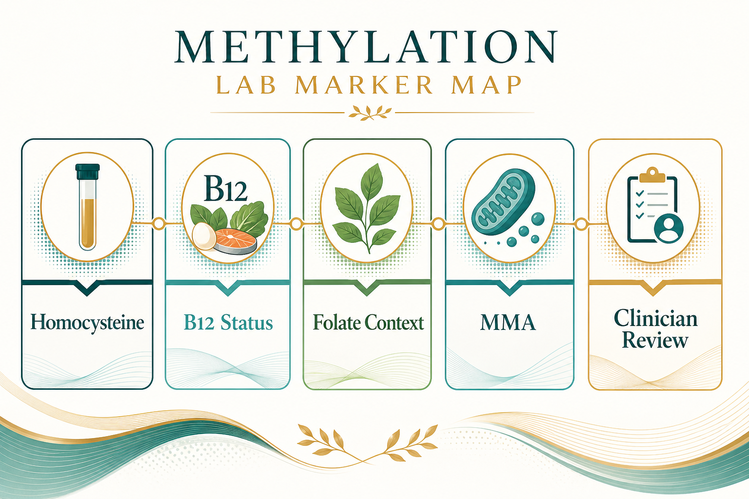 Methylation lab marker map showing homocysteine, B12 status, folate context, MMA, and clinician review