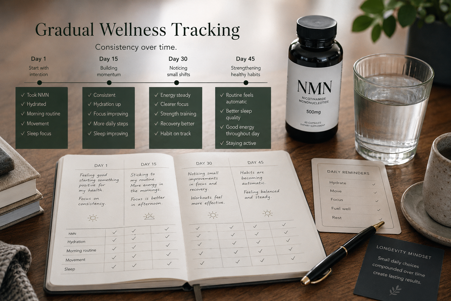 NMN realistic results timeline showing gradual wellness tracking instead of instant youth reversal