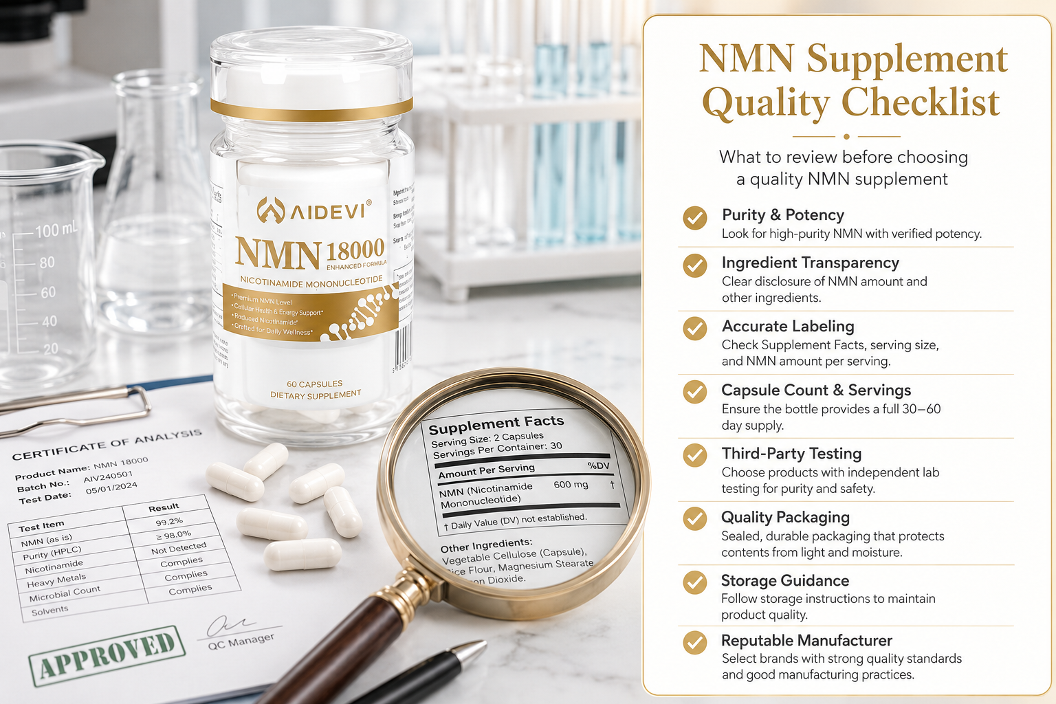 NMN supplement quality checklist with capsules lab style document and magnifying glass