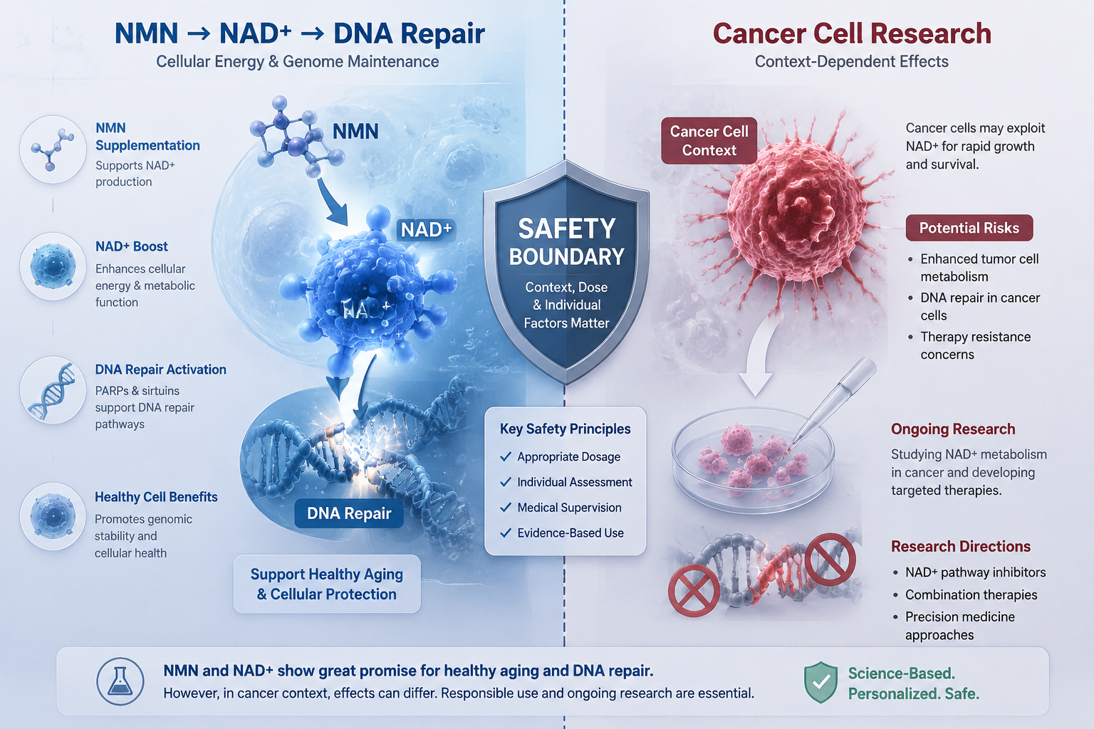 NMN NAD DNA repair and cancer cell research safety boundary illustration