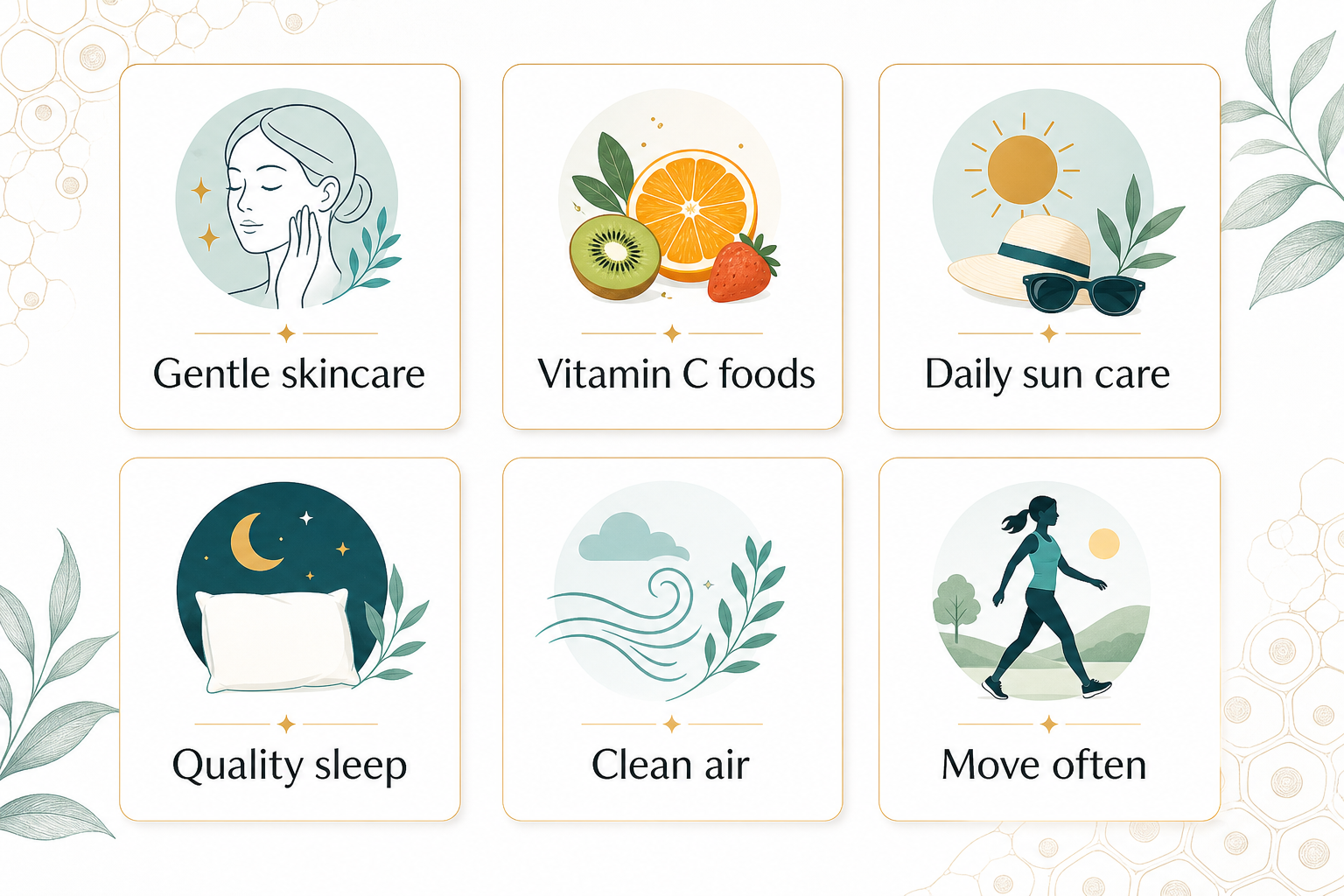 Six healthy aging habits checklist gentle skincare vitamin C foods sun care sleep clean air and movement