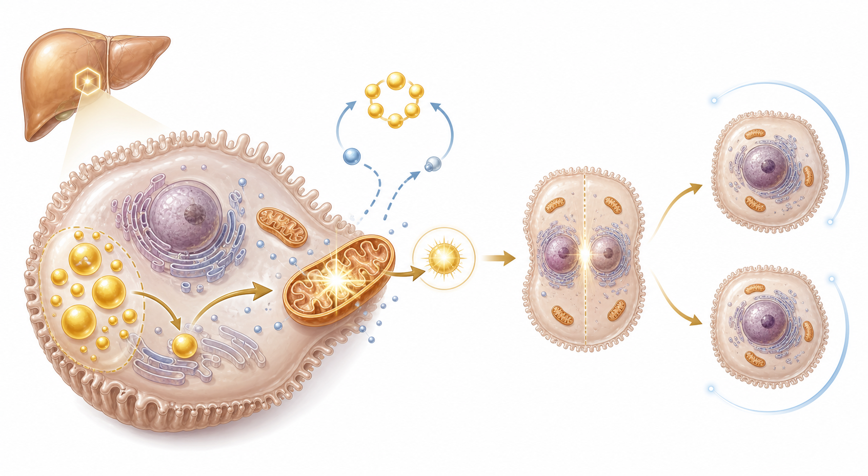 Diagram style illustration of hepatocyte NAD plus mitochondria lipid use ATP energy and liver cell division support