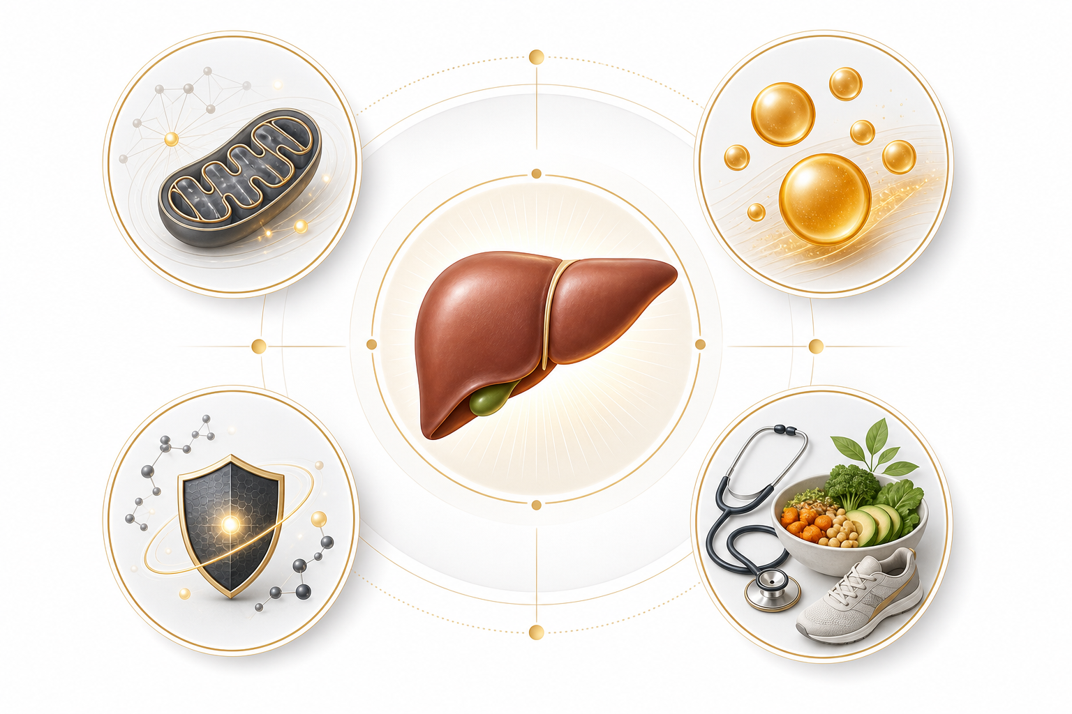 Four part liver wellness framework with mitochondria lipid metabolism antioxidant balance lifestyle and clinician support
