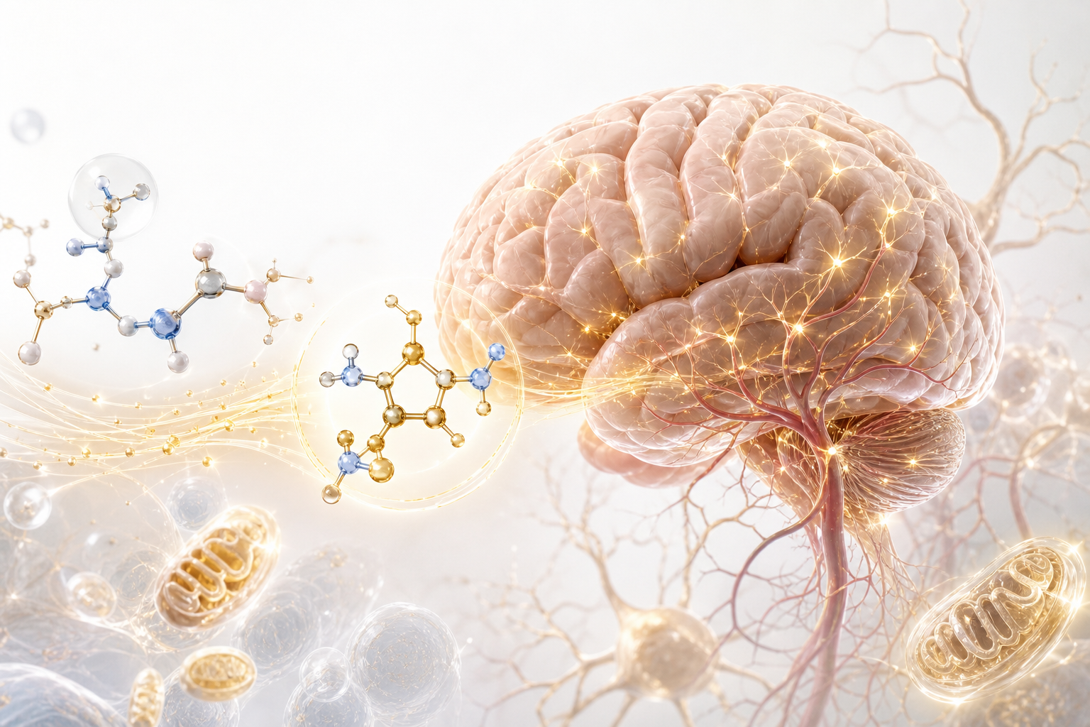 Scientific illustration of NMN and NAD plus pathways supporting brain mitochondria neurons and neurovascular energy