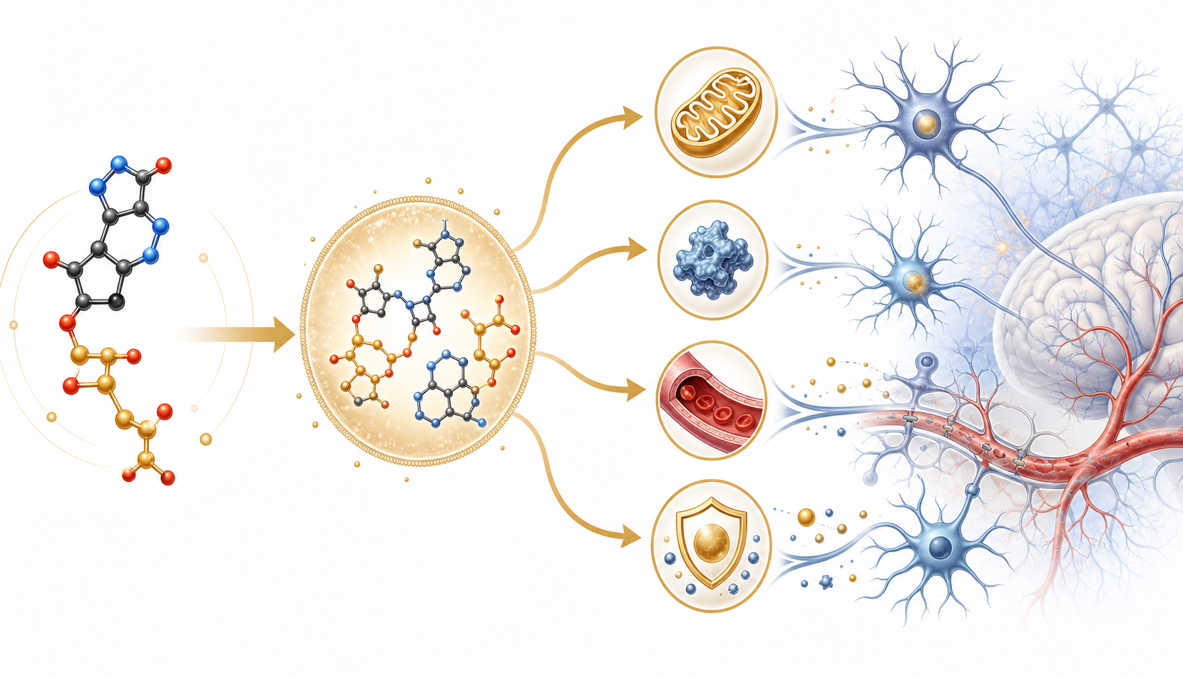 Diagram showing NMN conversion to NAD plus and downstream brain support pathways including mitochondria SIRT1 blood flow and antioxidant balance