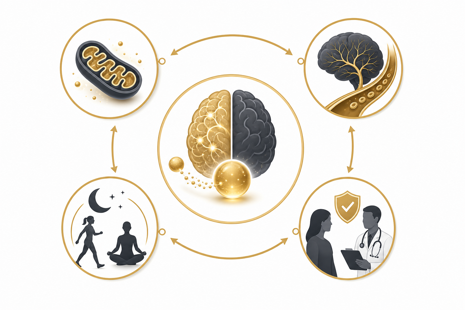 Four part NMN cognitive support framework with mitochondria neurovascular health sleep movement and clinician guidance