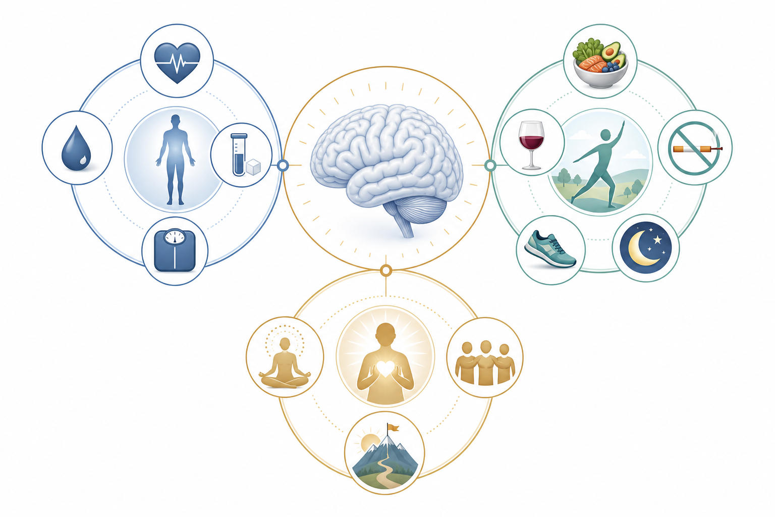 Brain Care Score factors grouped around a brain including physical lifestyle and social emotional icons