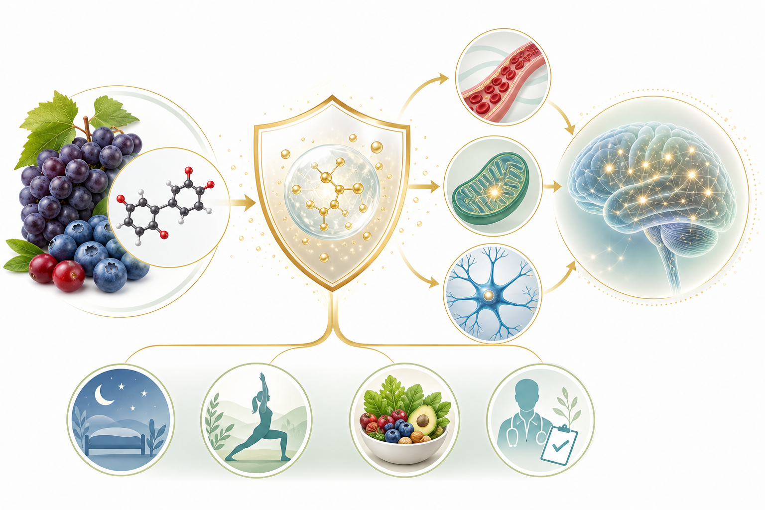 Resveratrol support diagram with grapes berries antioxidant shield vascular icon mitochondria neurons and brain wellness routine