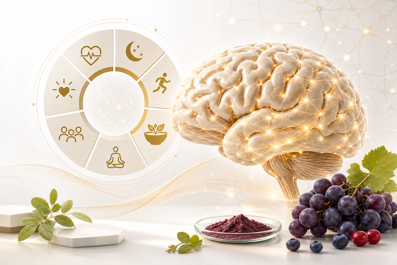 Brain Care Score lifestyle icons with healthy brain and resveratrol rich grapes and berries for proactive cognitive wellness