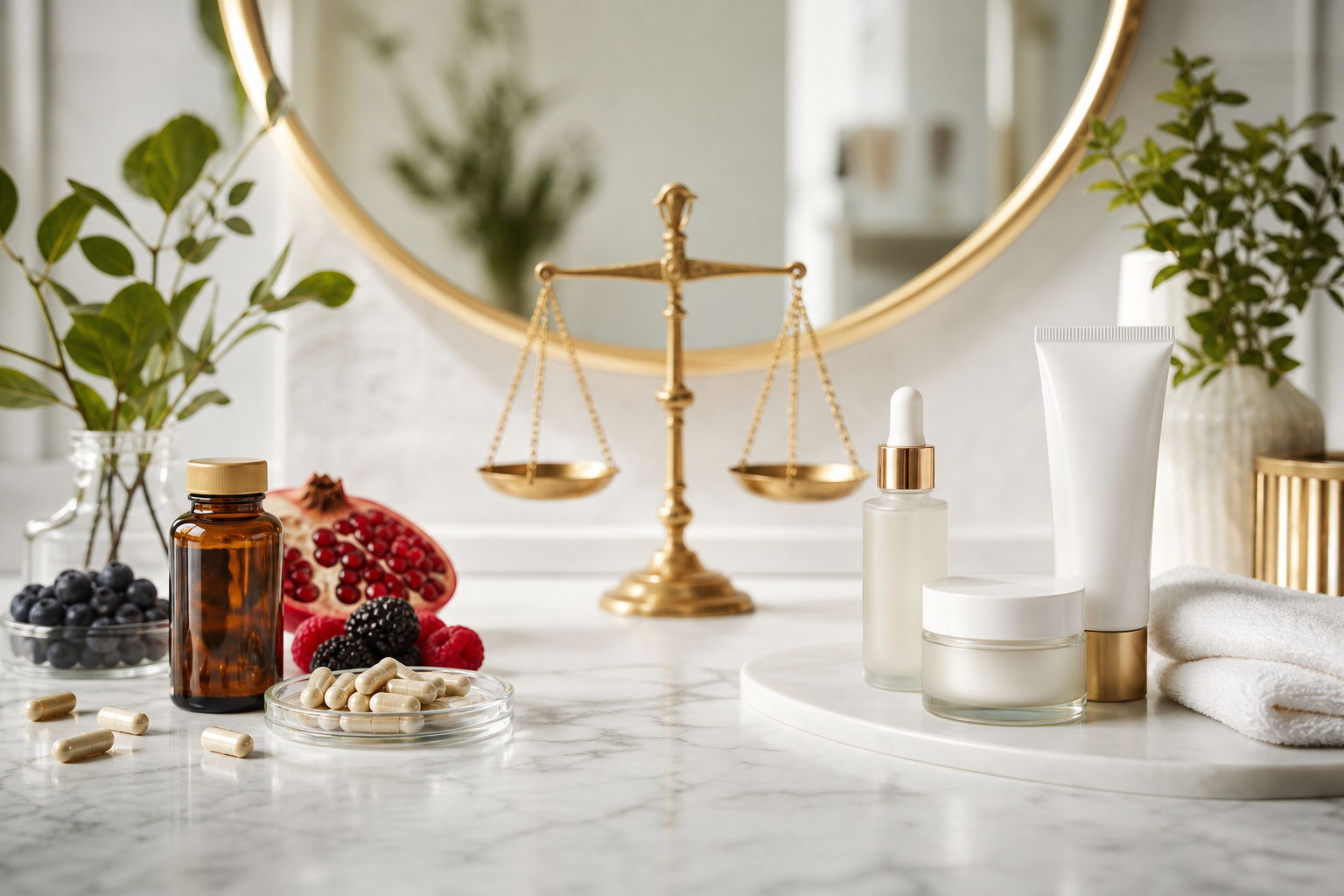 Side by side comparison of supplements antioxidant foods skincare products and a gold scale for anti-aging benefits