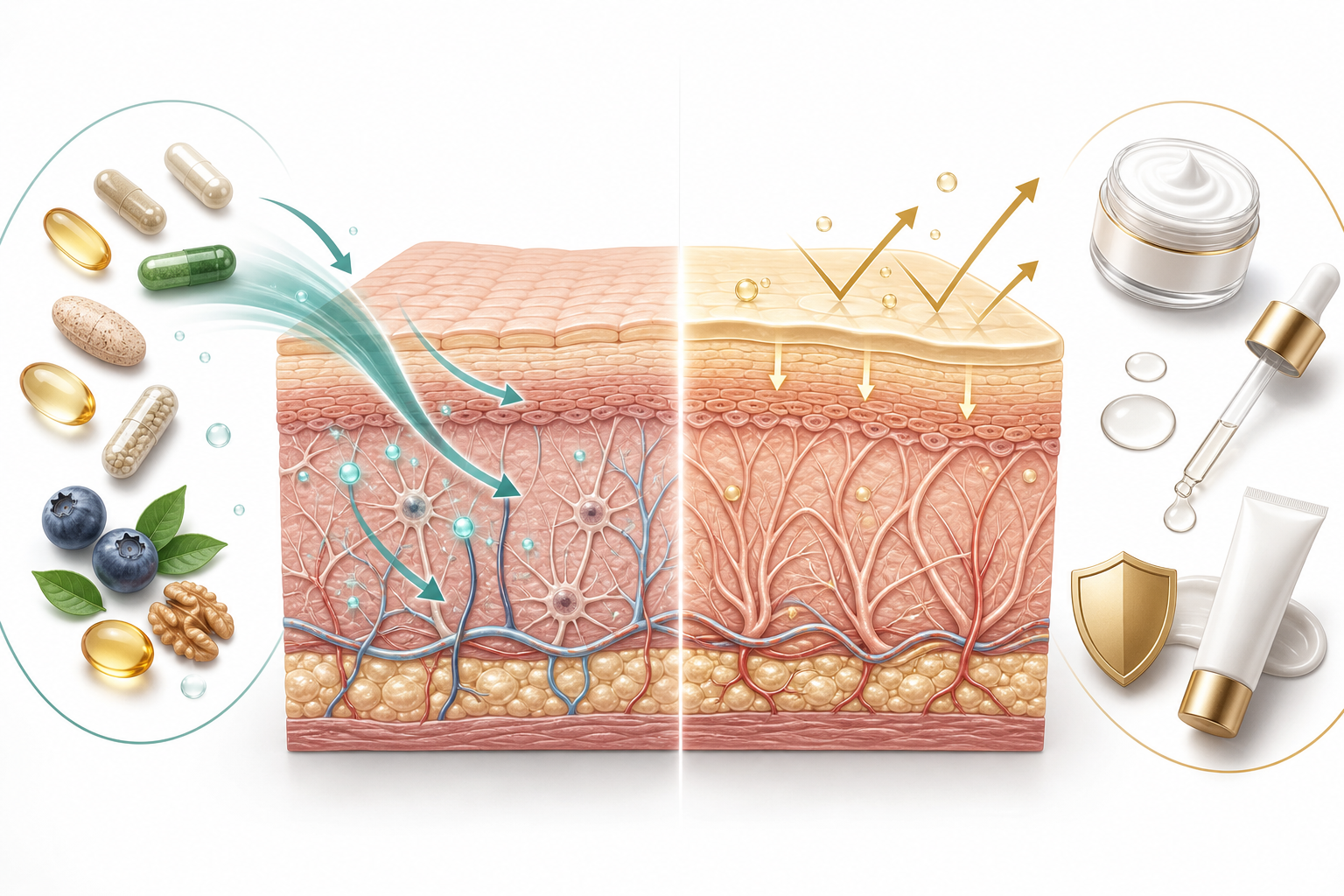 Scientific skin cross section showing internal supplement and nutrition support compared with topical skincare surface support