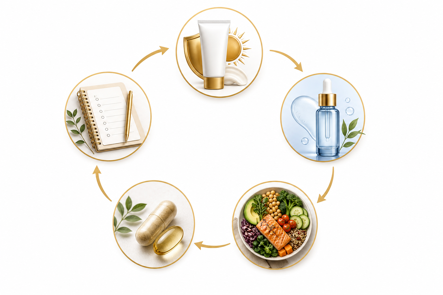 Circular anti-aging routine framework with sunscreen skincare nutrition supplements and tracking journal