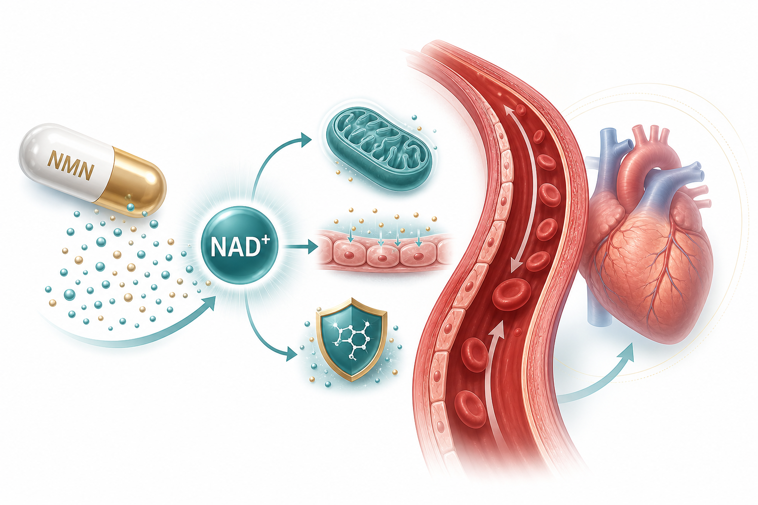 NMN and NAD plus cardiovascular wellness mechanism illustration with mitochondria blood vessel endothelial cells and antioxidant shield