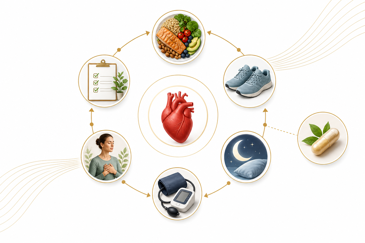 Cardiovascular wellness routine framework with diet walking sleep blood pressure stress tracking and NMN support layer