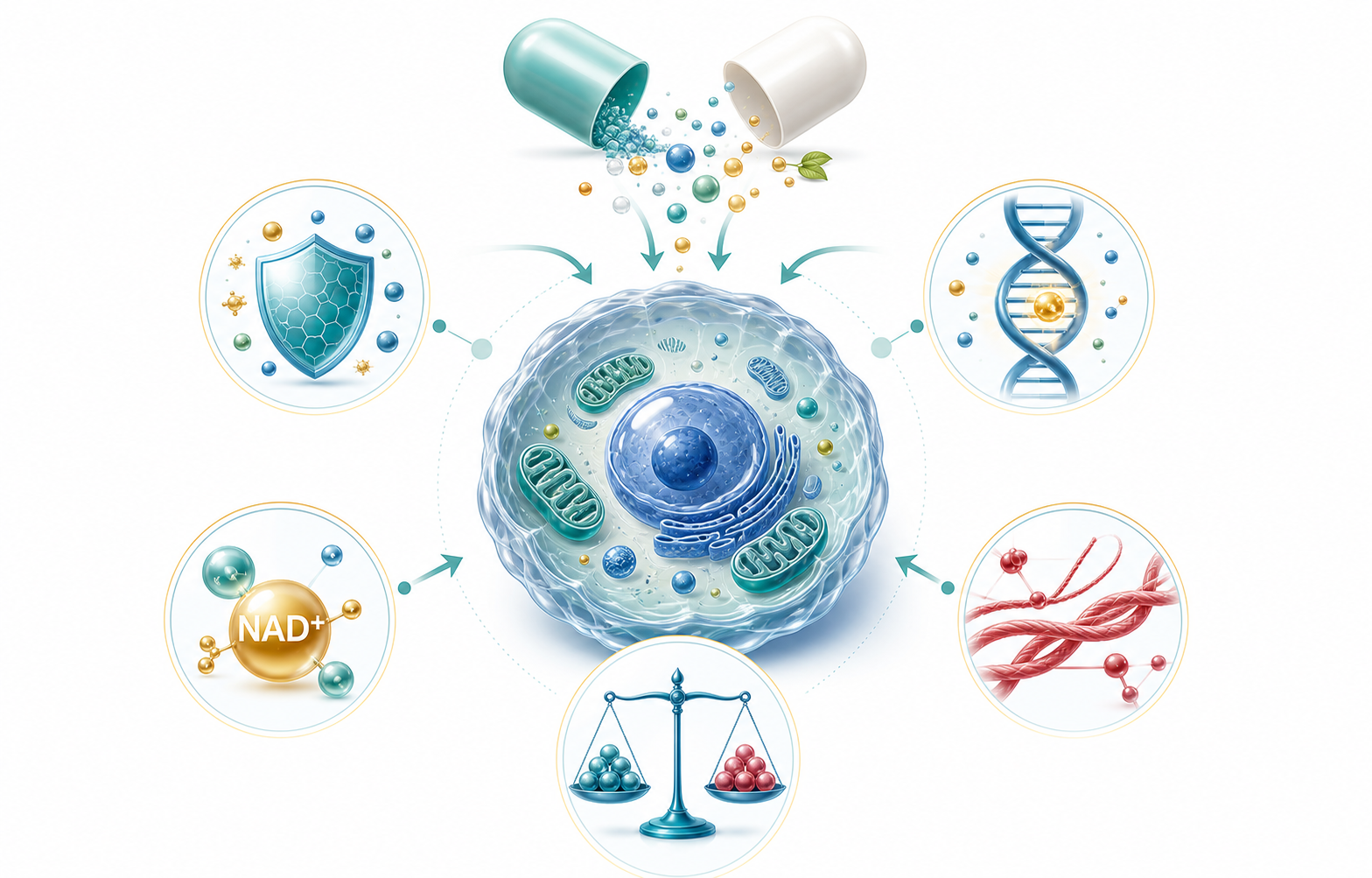 Scientific illustration of anti-aging supplement support pathways including NAD plus mitochondria antioxidant shield DNA and collagen