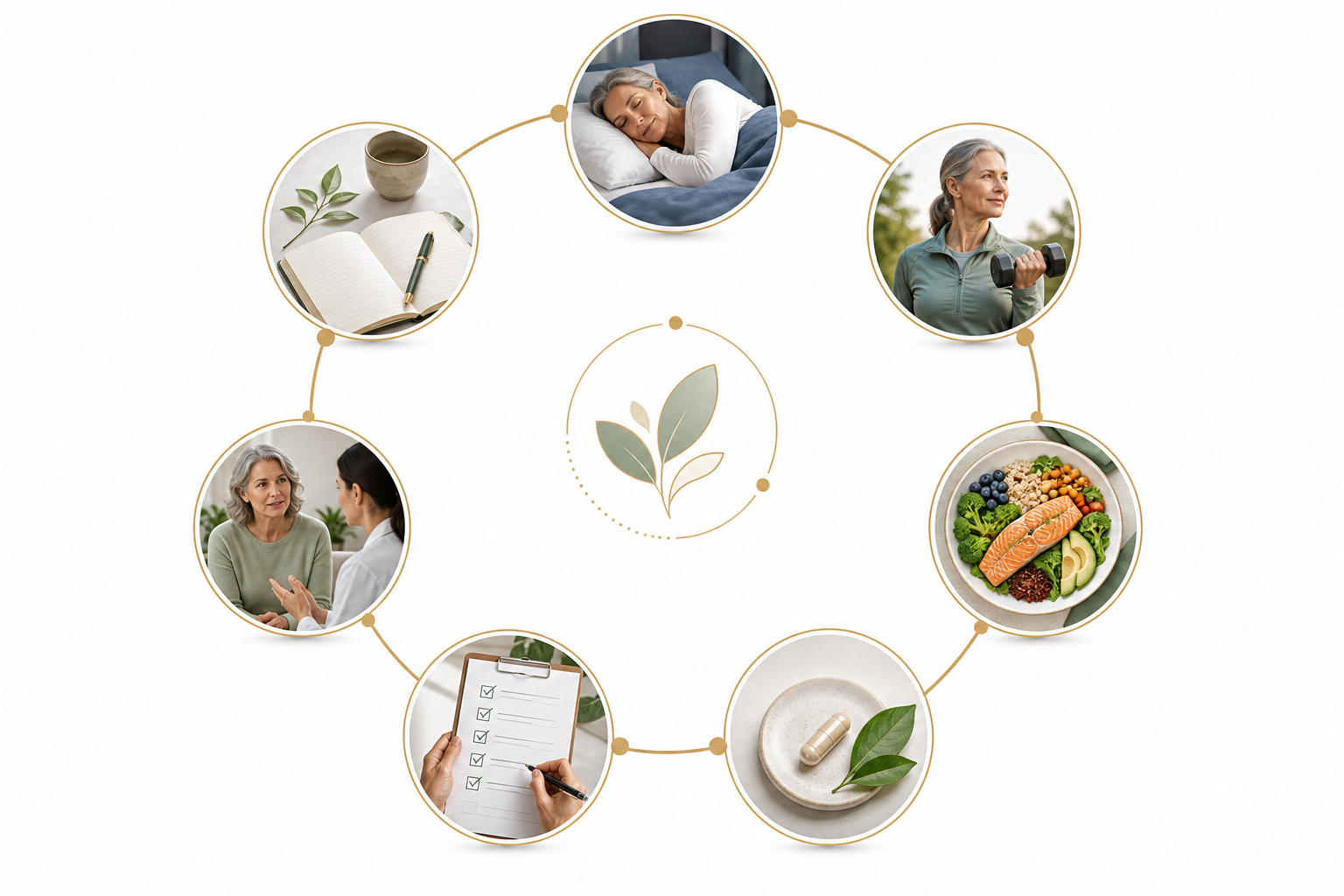 Healthy aging decision framework with sleep exercise nutrition supplement checklist healthcare conversation and progress journal