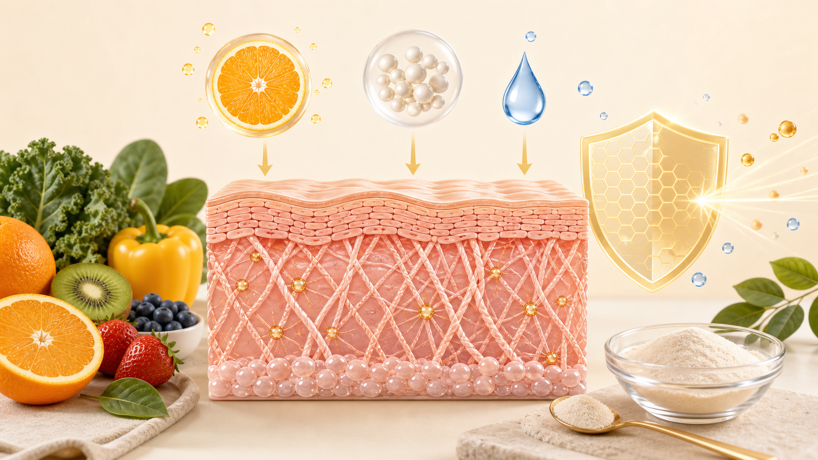 Skin cross section with vitamin C fruits collagen peptides hydration and antioxidant support elements