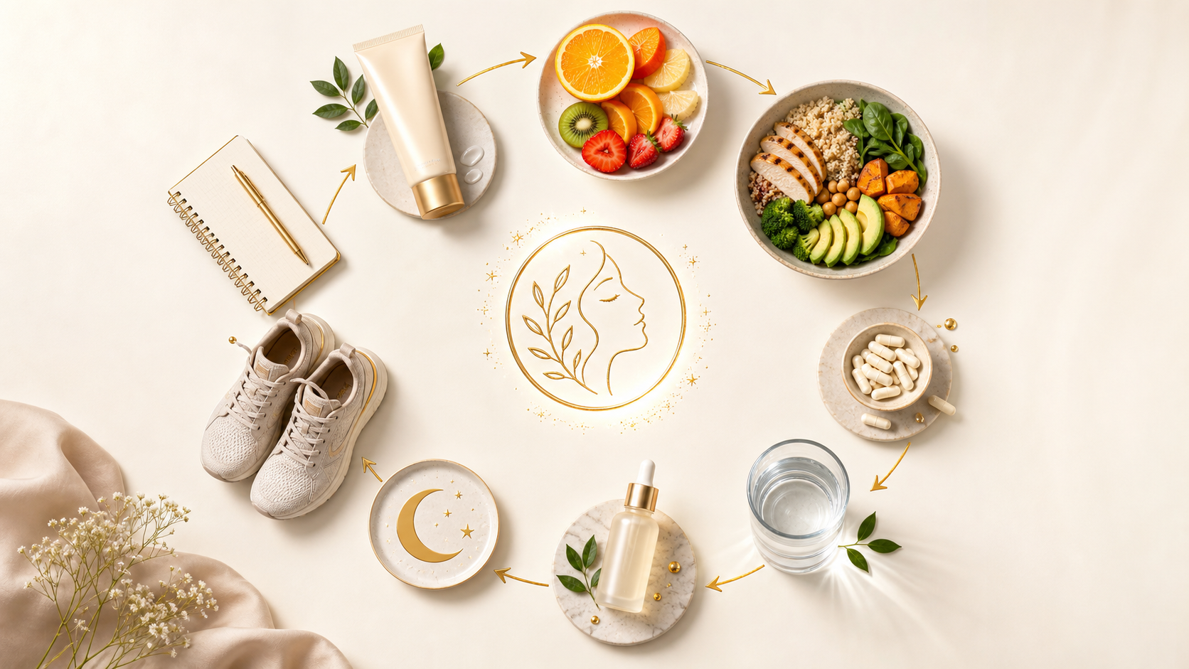 Circular skin health routine with sunscreen vitamin C foods protein meal collagen supplement water sleep exercise and skincare serum