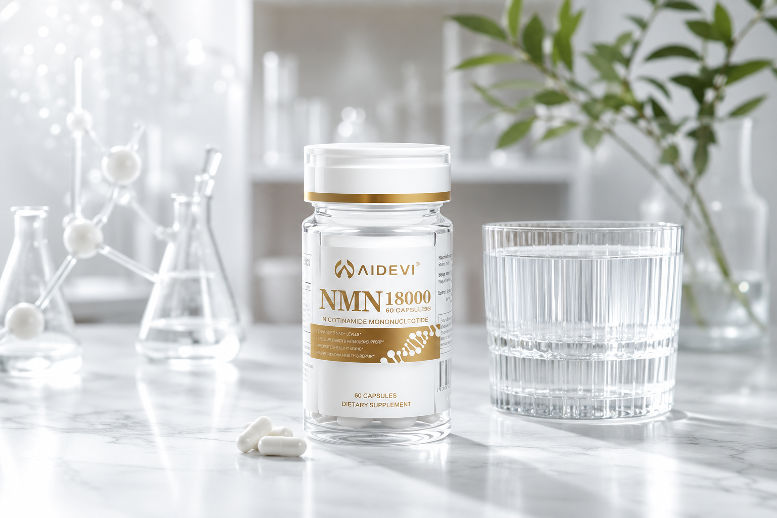 AIDEVI healthy aging supplements presented in a clean science-focused wellness setting