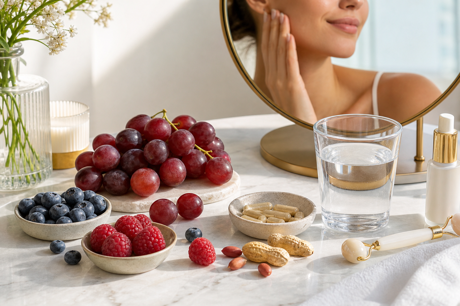 Resveratrol rich grapes berries peanuts capsules water and skincare routine objects for skin radiance support